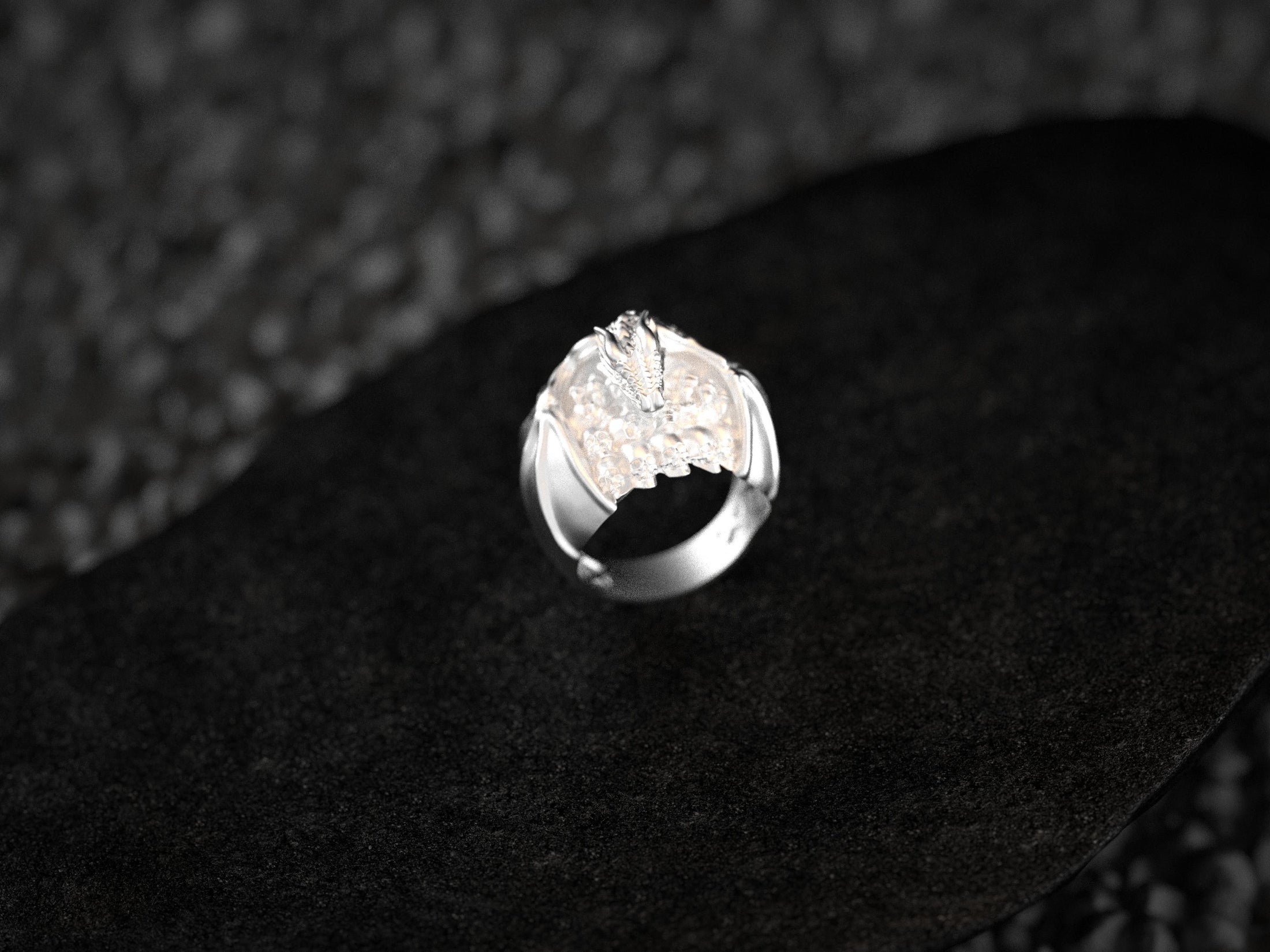 Angled view of polished silver ring on dark stone pedestal.