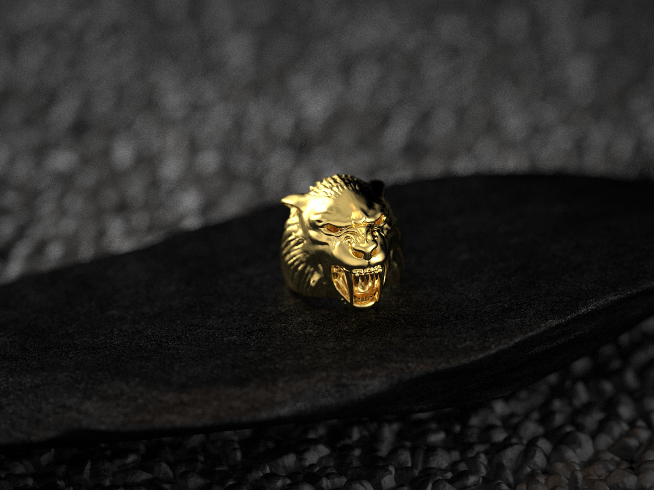Front view of gold-plated werewolf head ring variant.