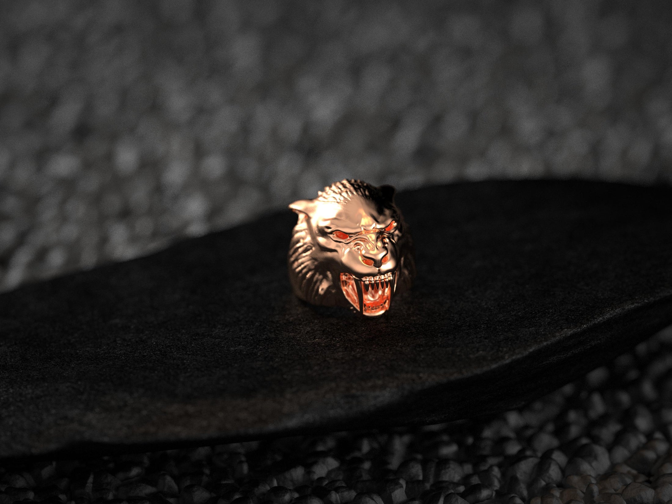 Front view of rose gold-plated werewolf ring variant.