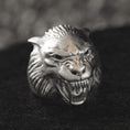 Load image into Gallery viewer, Front close-up of werewolf head ring in silver finish.
