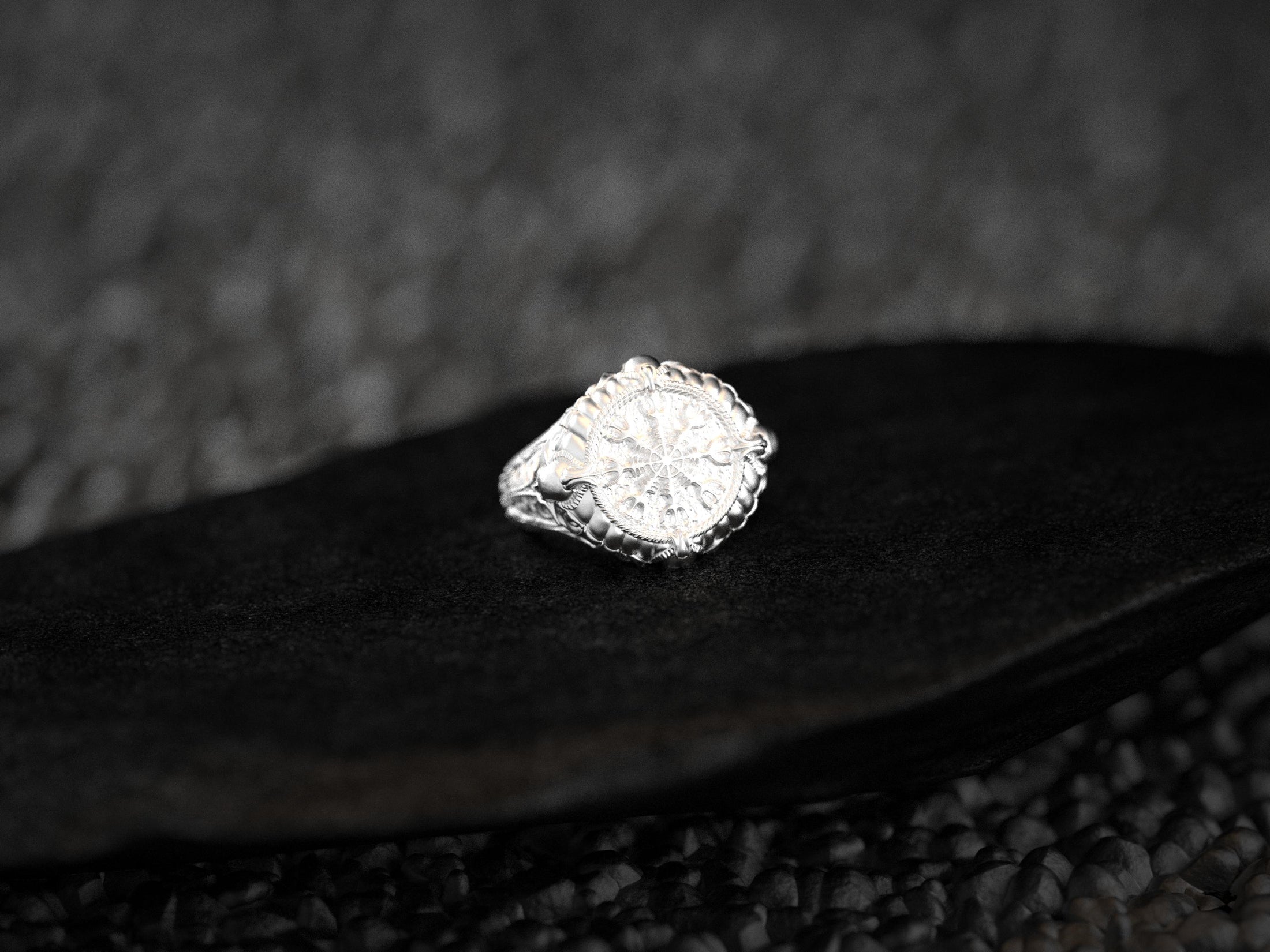 Front view of rhodium-plated Vegvísir ring variant.