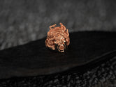 Front profile of rose-gold Medusa head ring showcasing warm tones.