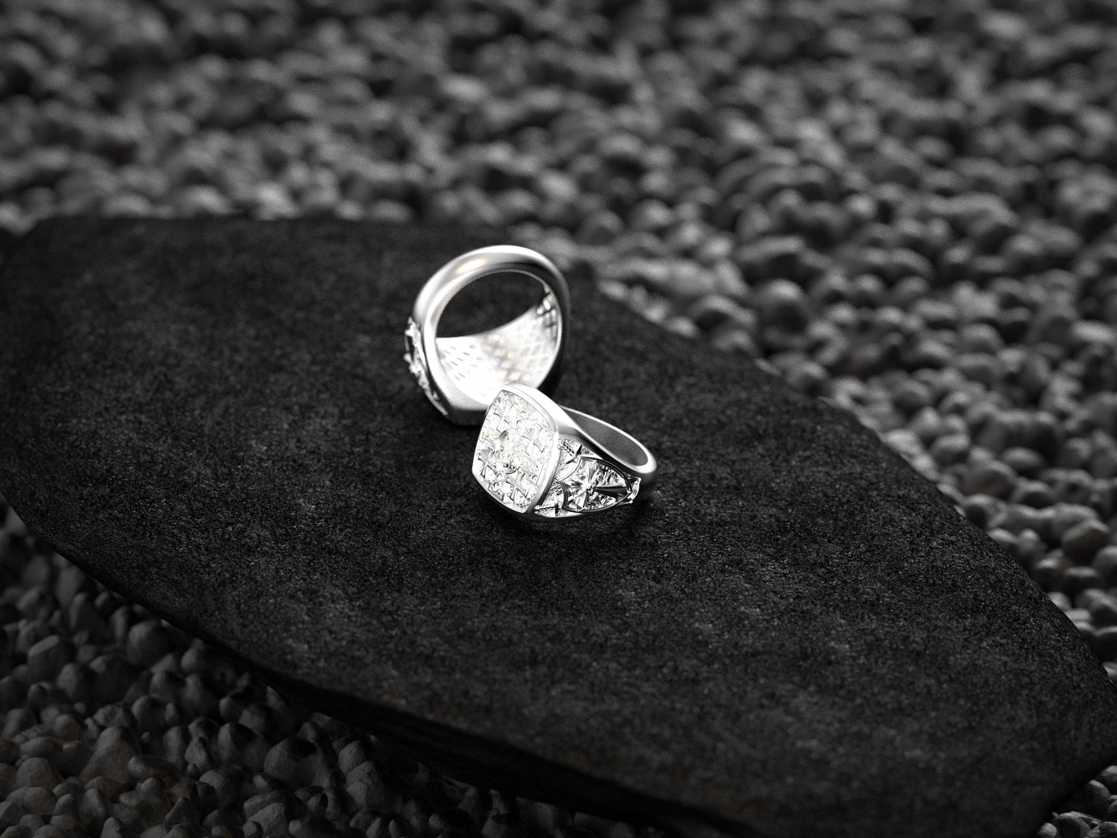 Interior band shot of the sterling silver ring revealing its custom grid-patterned comfort fit.