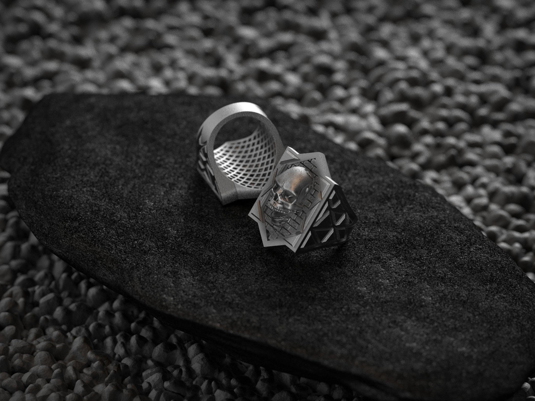 Gothic Brickwork Skull Signet Ring | Hexagonal Skull Jewelry in Sterling Silver, 18K Gold & Rose Gold Plated