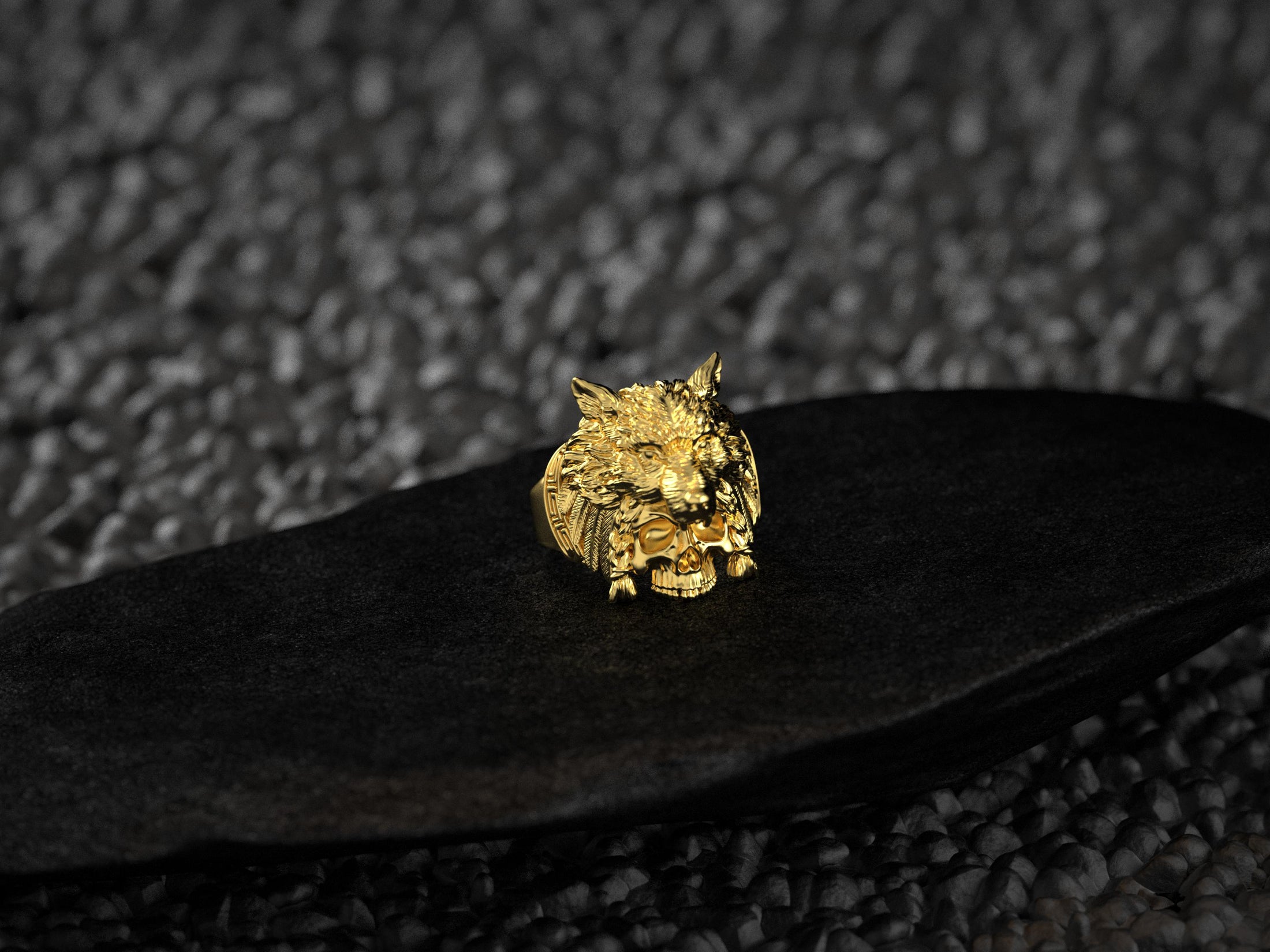 Gold plated Wolf and Skull Ring highlighting tribal symbolism