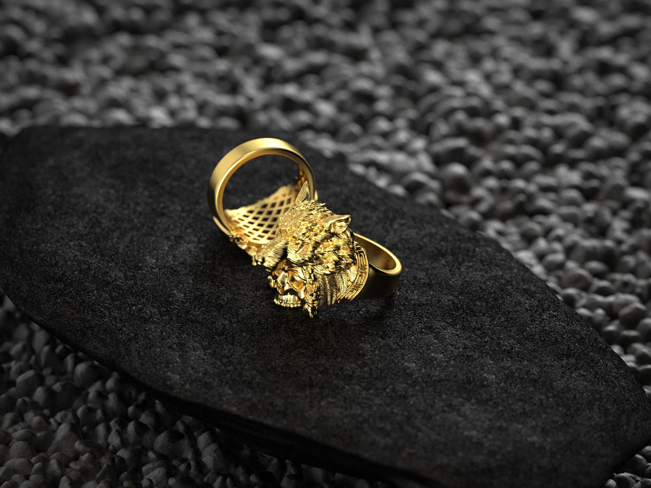 Wolf Headdress Skull Ring – Sterling Silver Tribal Warrior Ring for Gothic Mythology Jewelry Lovers