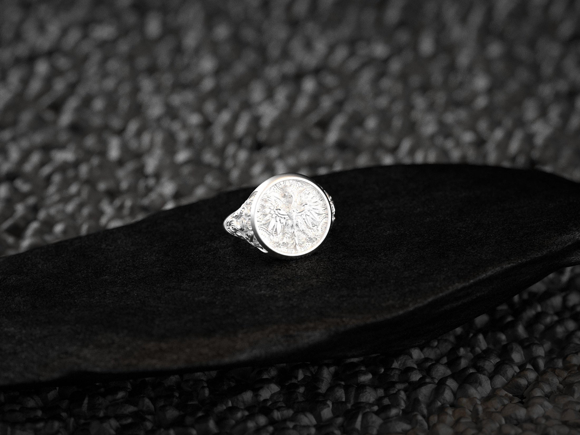Rhodium plated Polish Eagle Ring with oxidized heraldic finish