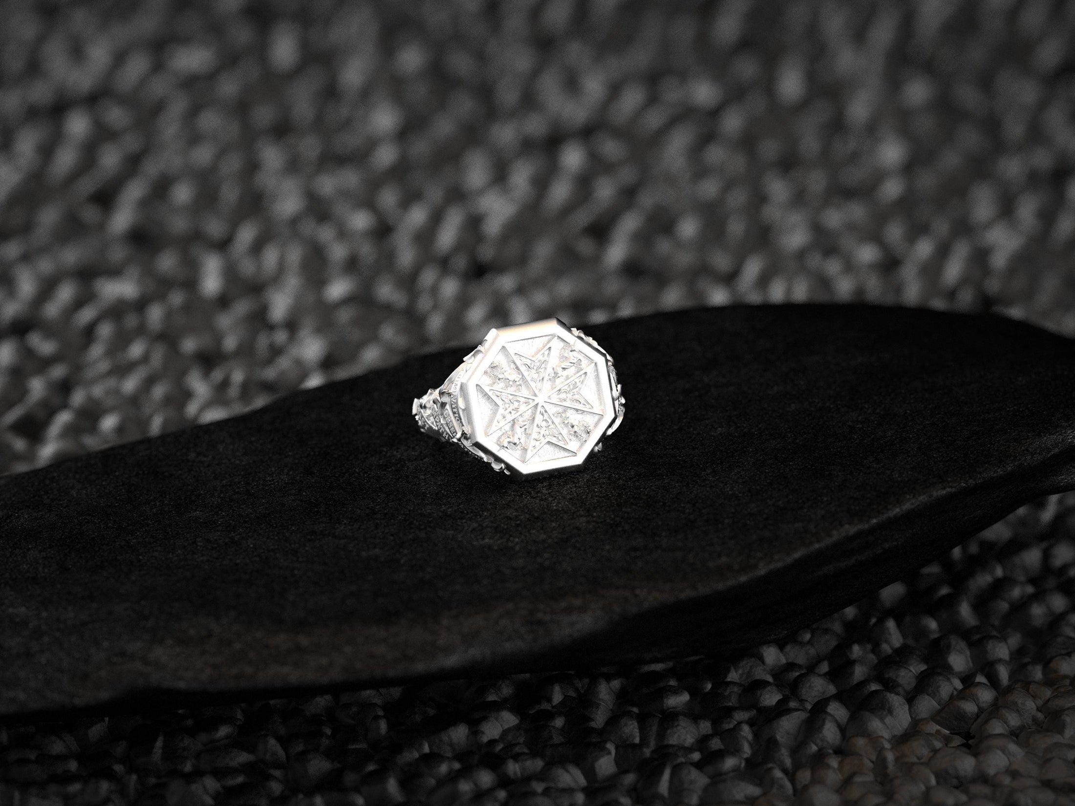 Rhodium plated Saint John Ring with antique oxidized finish