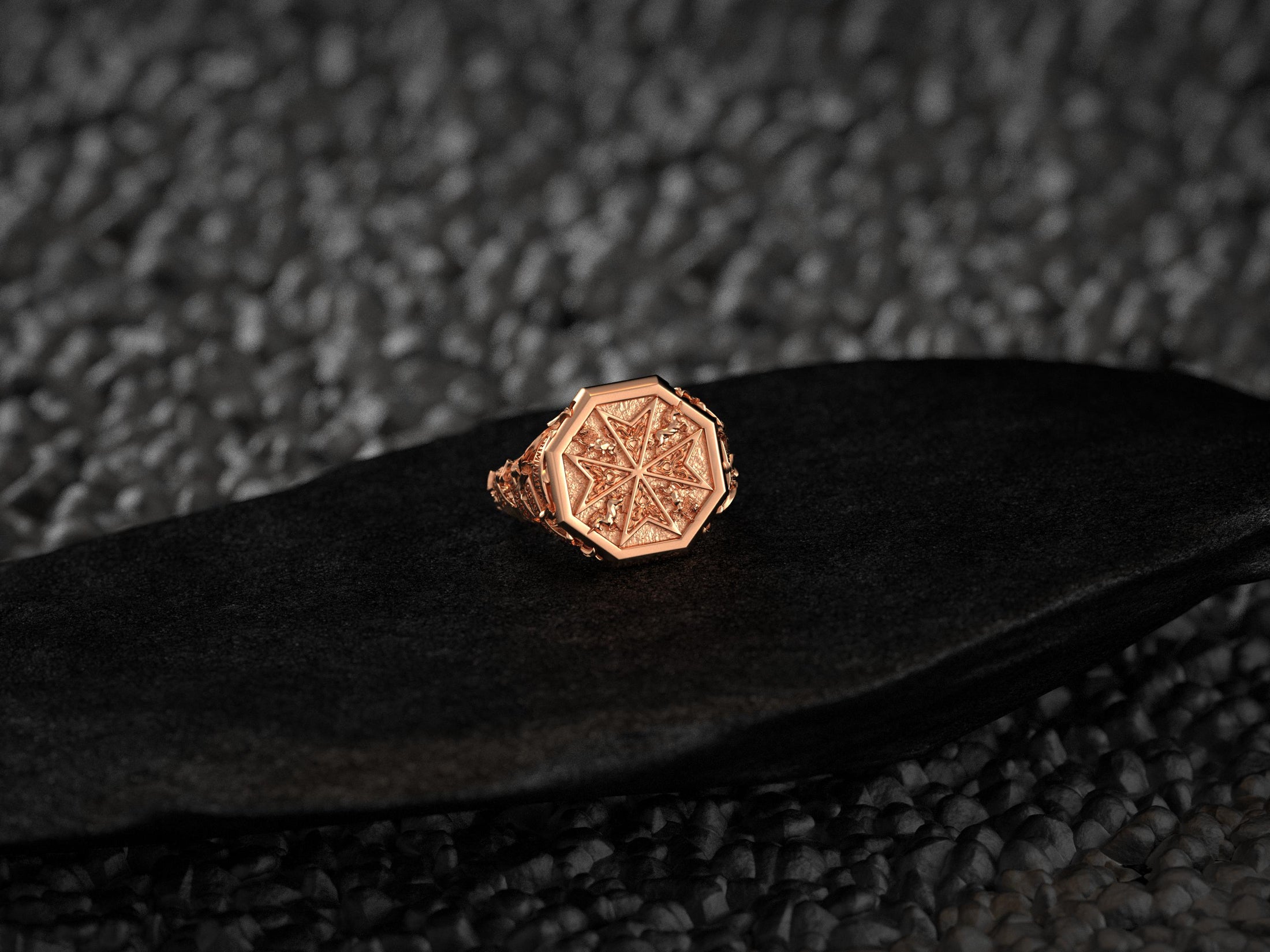 Rose gold plated Crusader Ring with heraldic textures