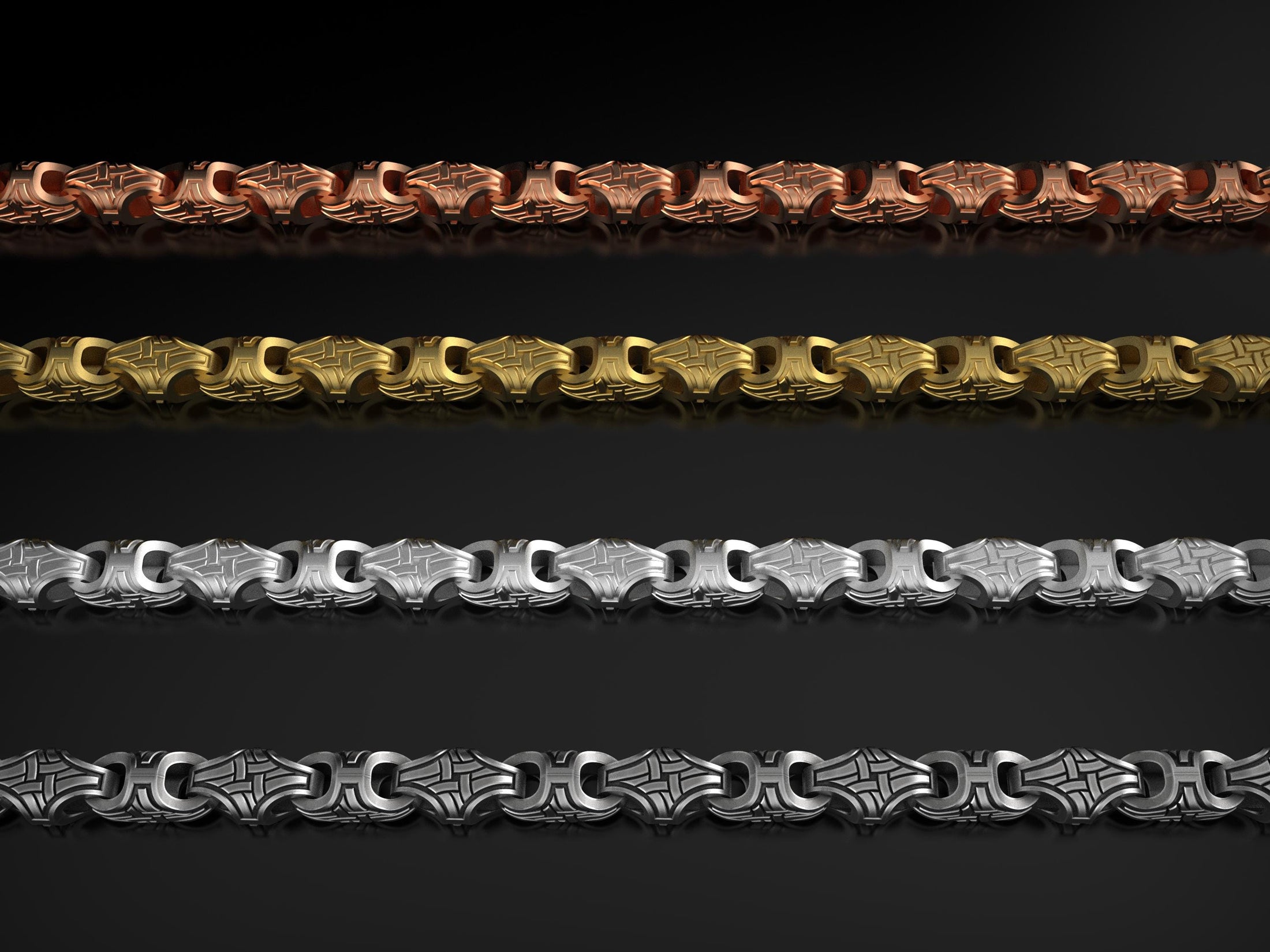 Full set of Viking chains in oxidized, polished, gold, and rose gold finishes