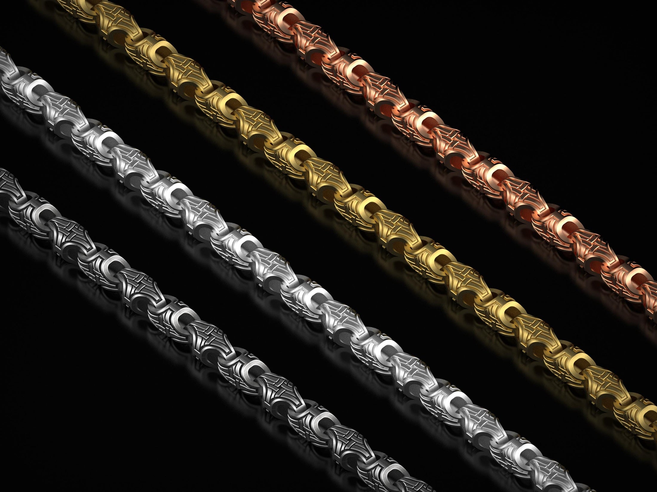 Full set of Viking chains in oxidized, polished, gold, and rose gold finishes