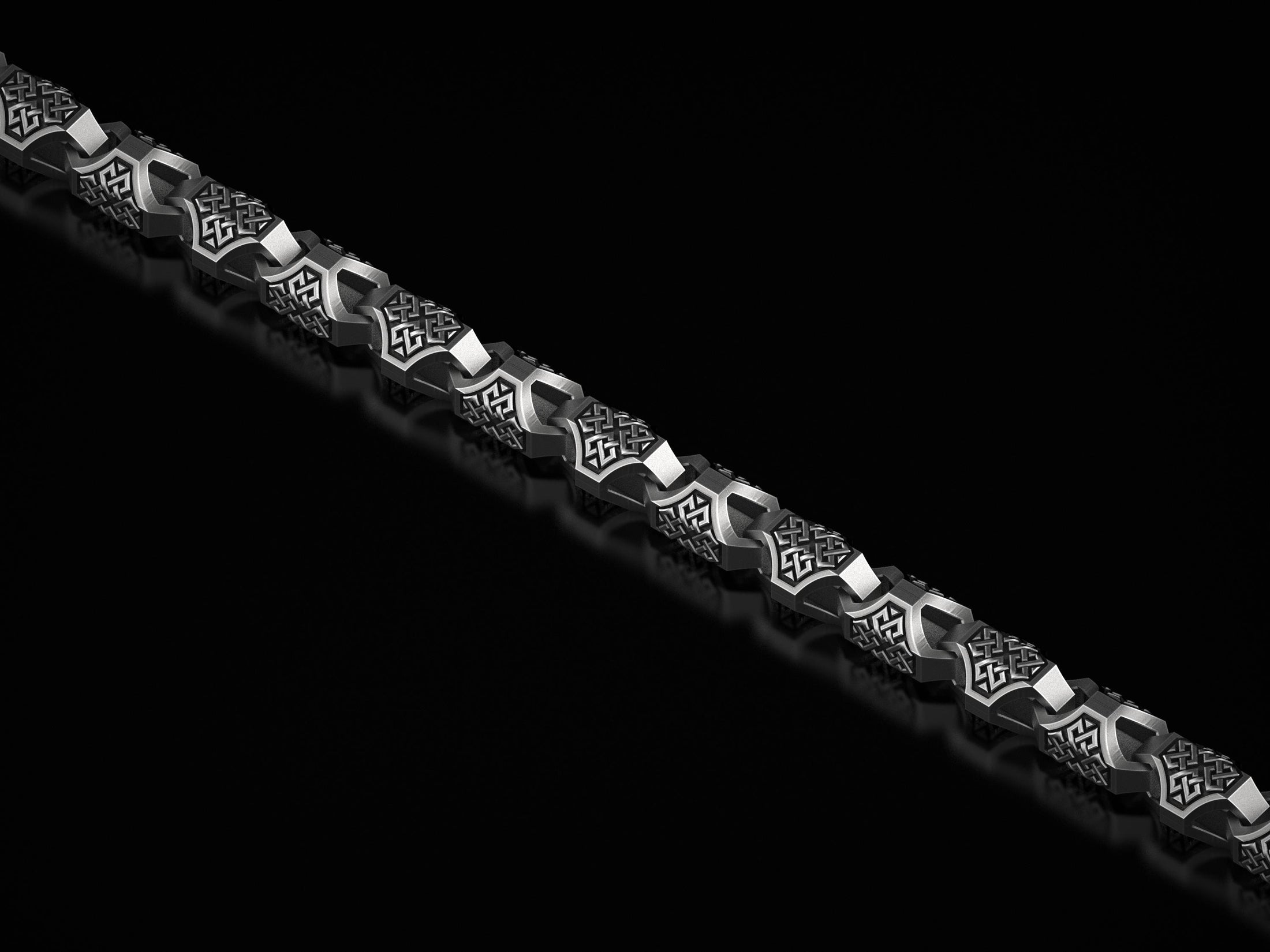 Oxidized Celtic knot chain with intricate engraving and dark finish