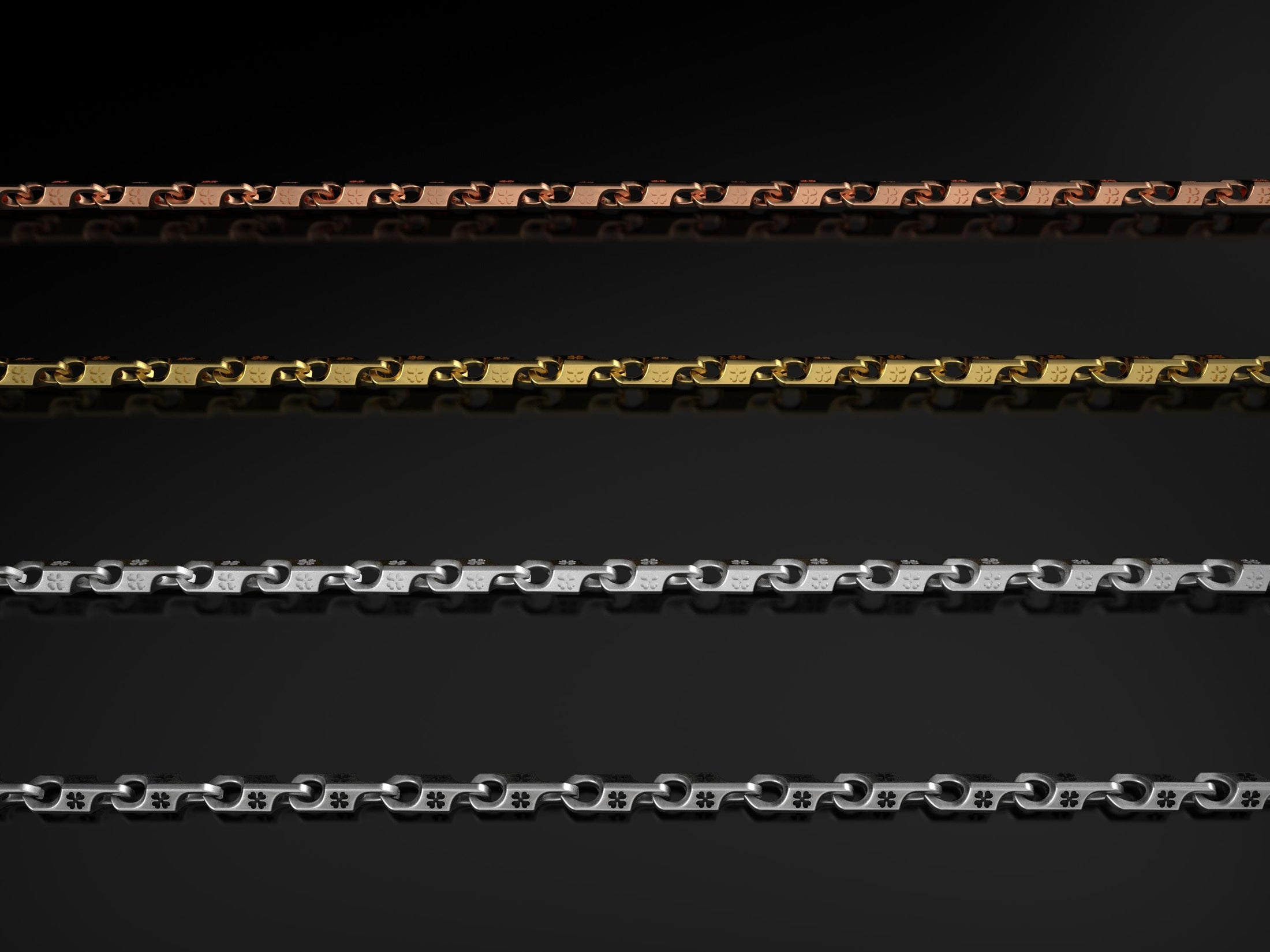 All finish options of clover chain – silver, gold, rose, oxidized