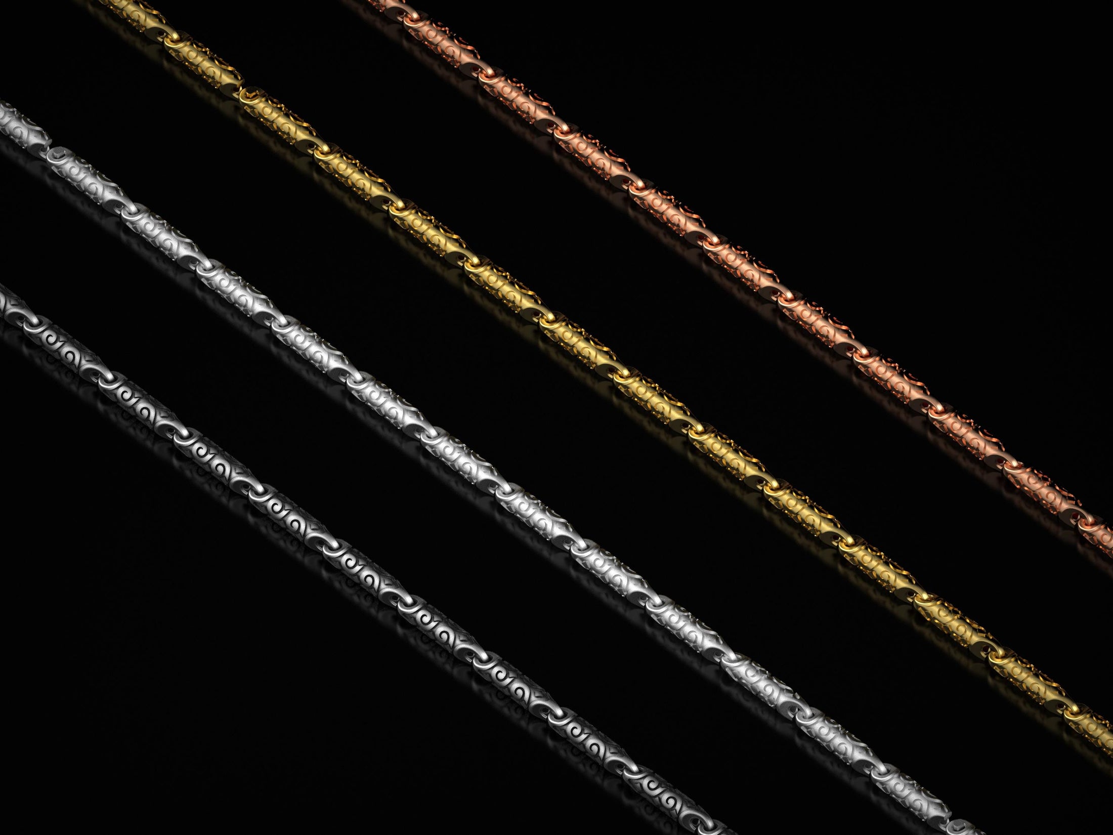 All plating options: silver, gold, rose gold, oxidized – flat lay