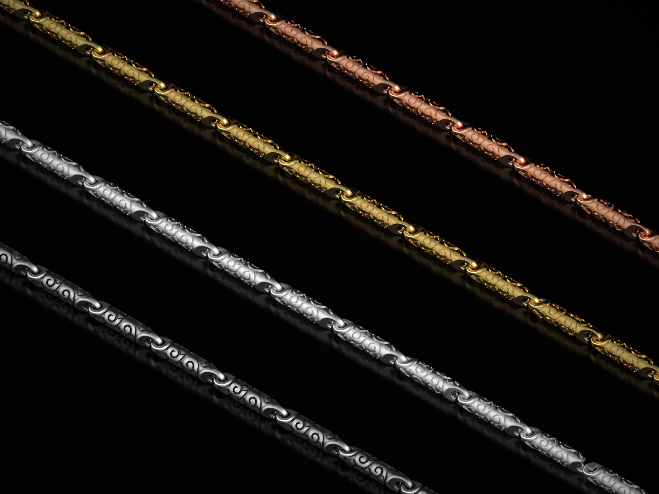 Side-by-side chain comparison with swirling design focus