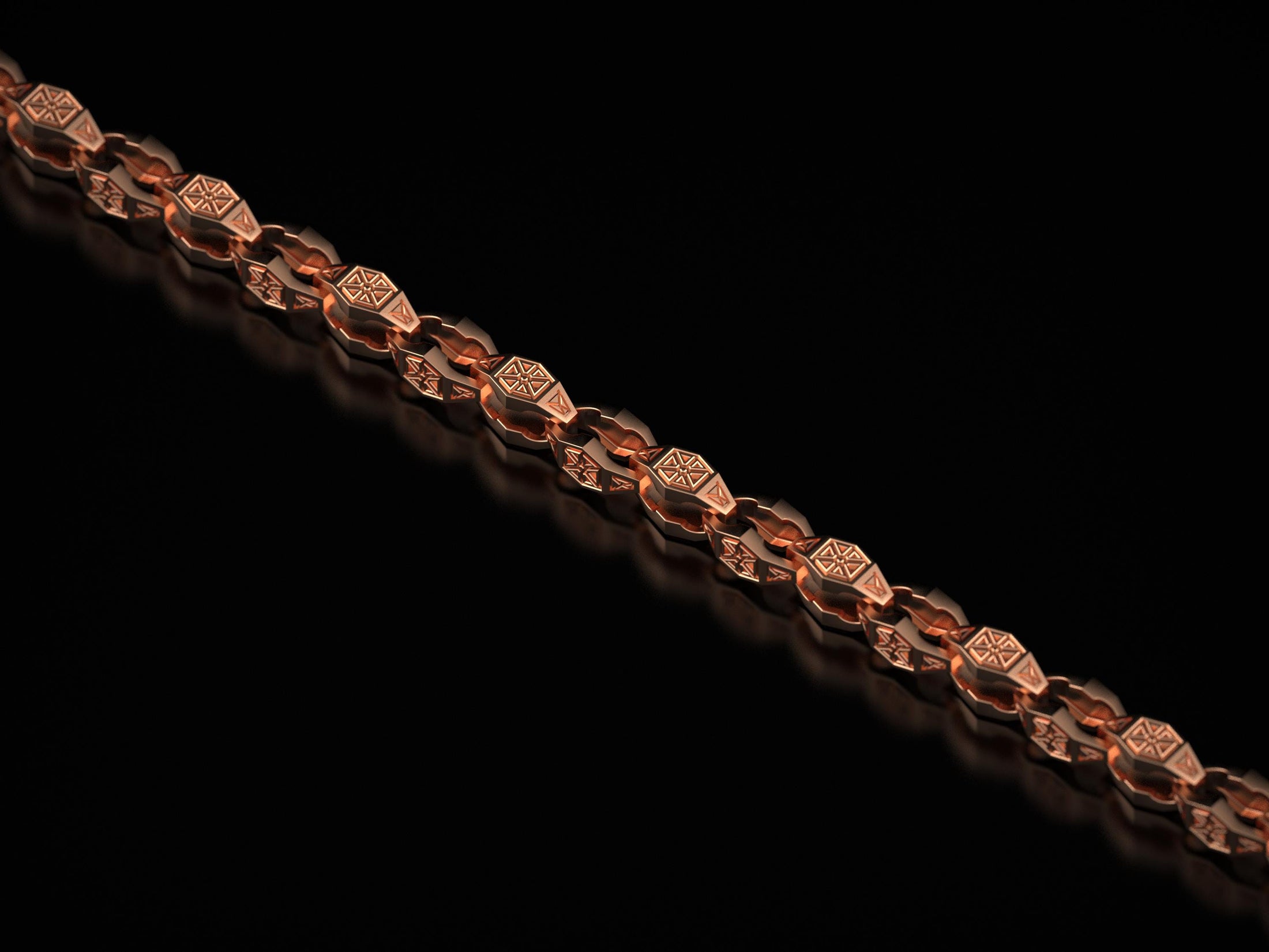 Rose gold plated 925 silver link chain with tribal pattern,