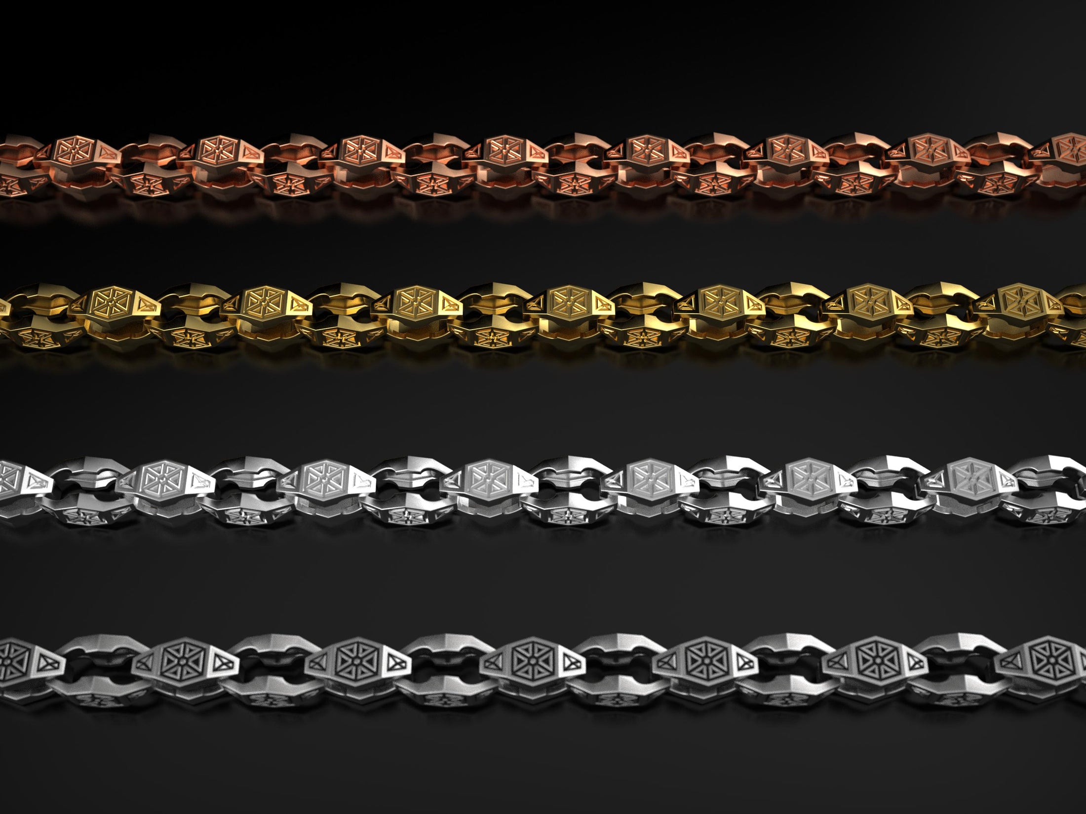 Detail shot of symmetrical octagon links with oxidized finish,