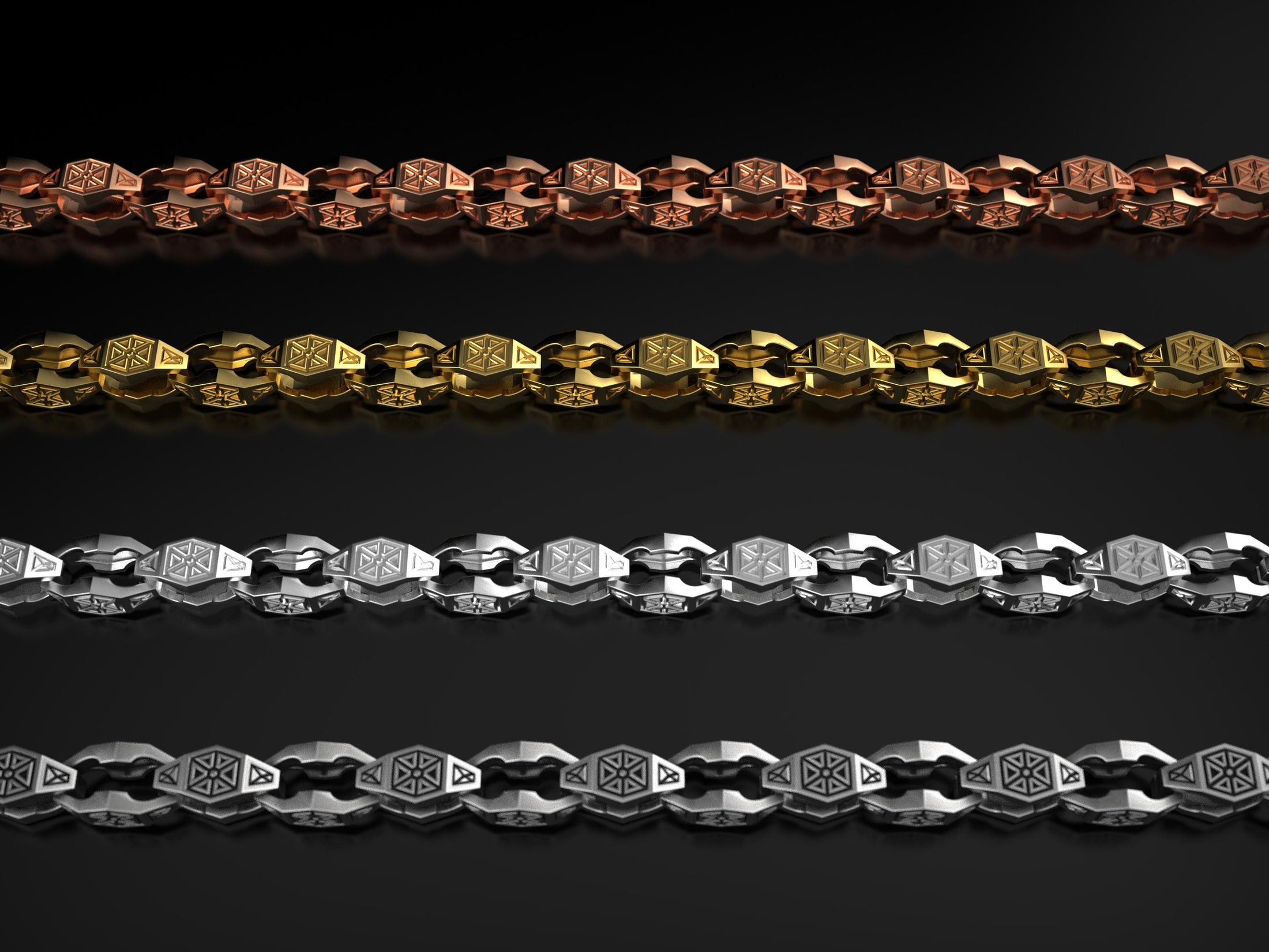 Detail shot of symmetrical octagon links with oxidized finish,