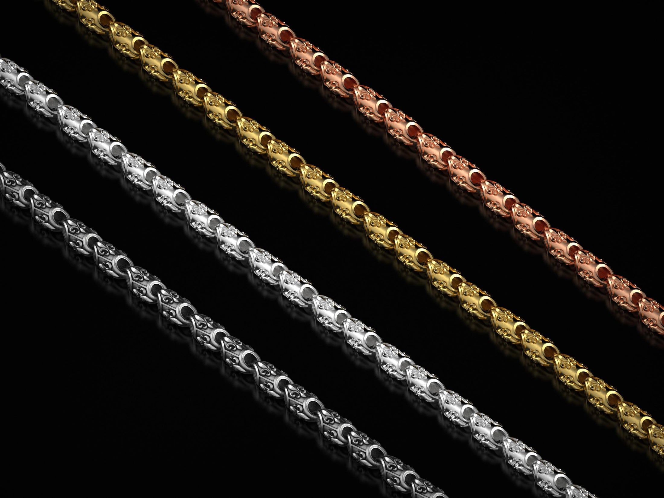 Comparison of all four finishes – silver, gold, rose gold, oxidized