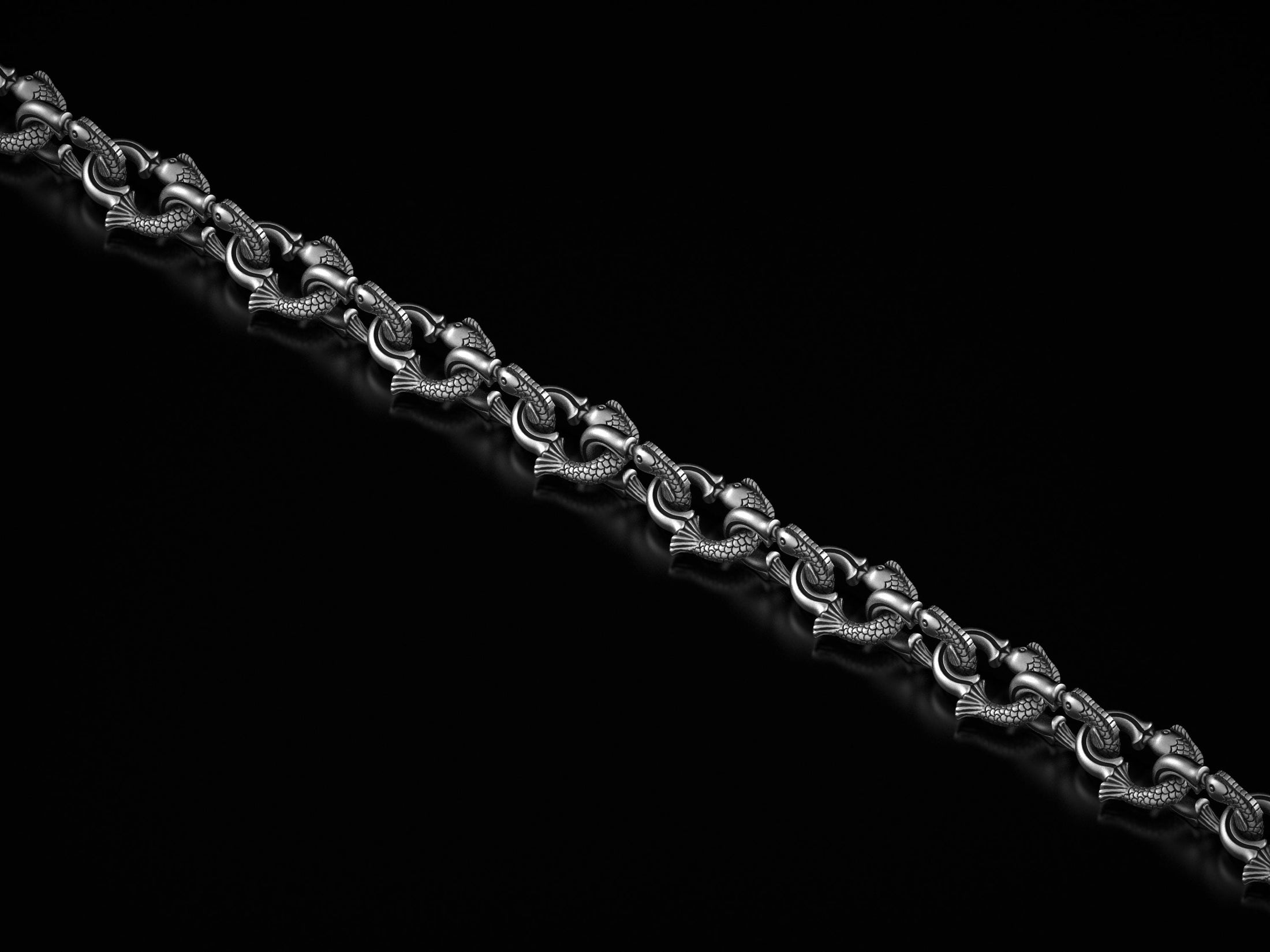 Full view of oxidized silver fish chain