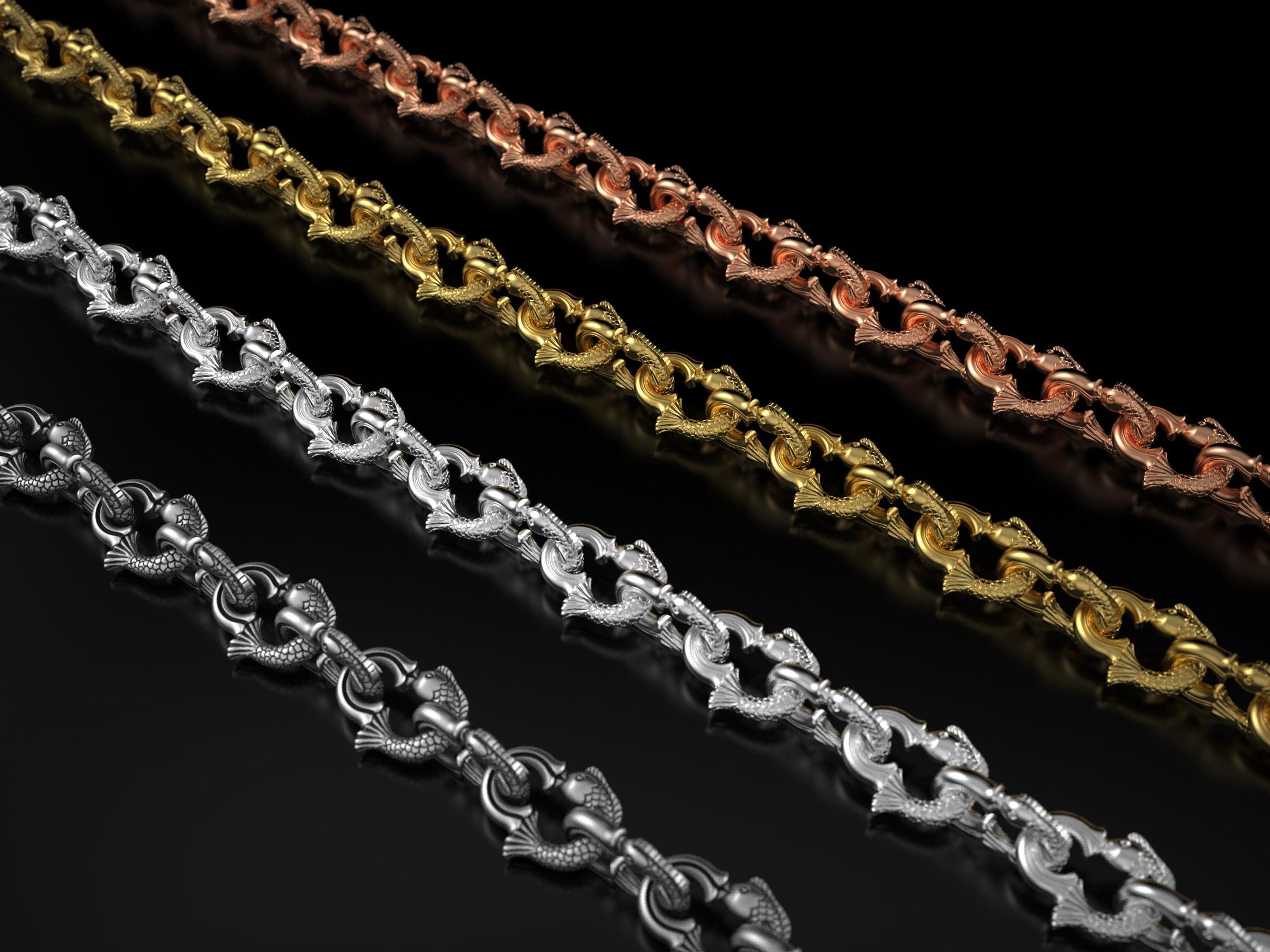 Silver fish chain necklace stacked for display