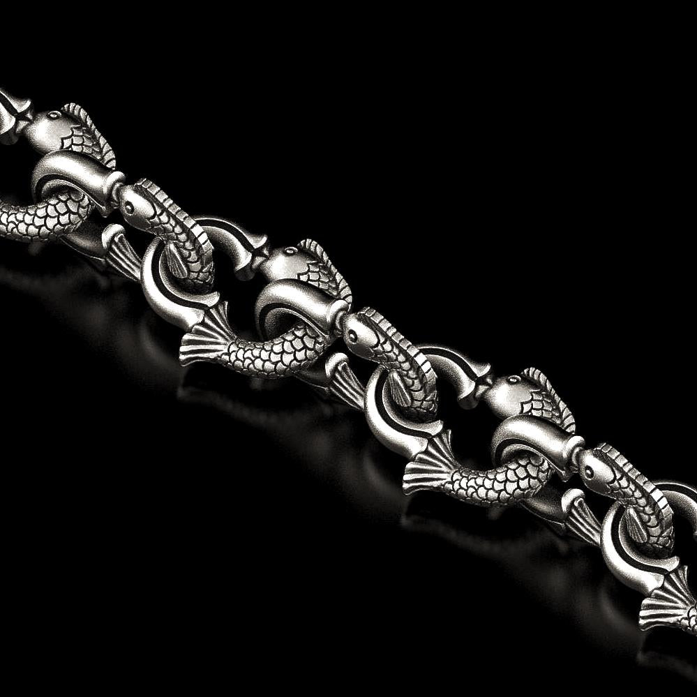 Close-up of fish-shaped silver chain links