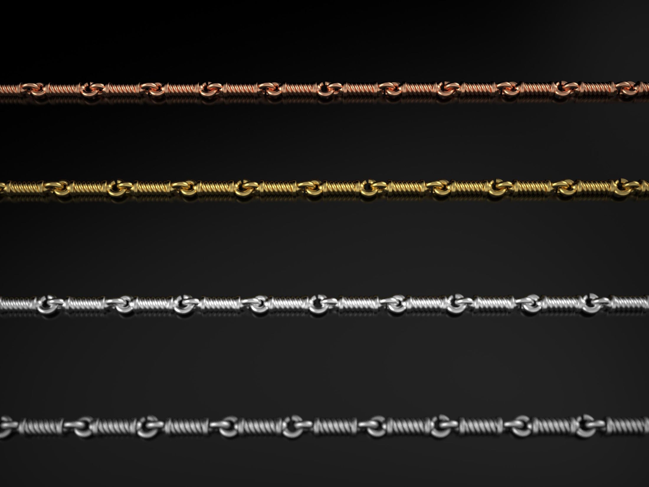 Mixed finish options of the twisted wire chain on black background
