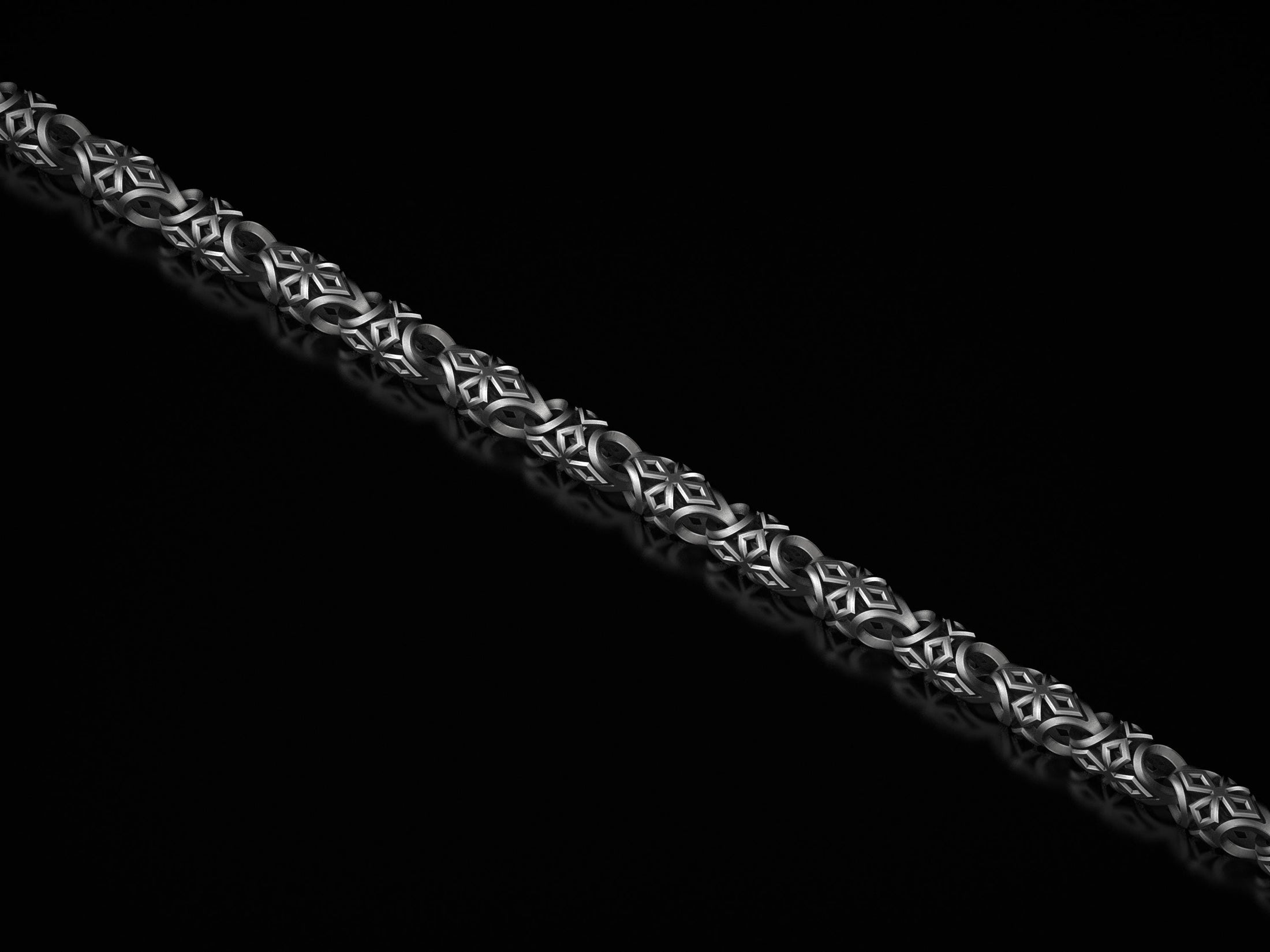 Full view of geometric silver necklace