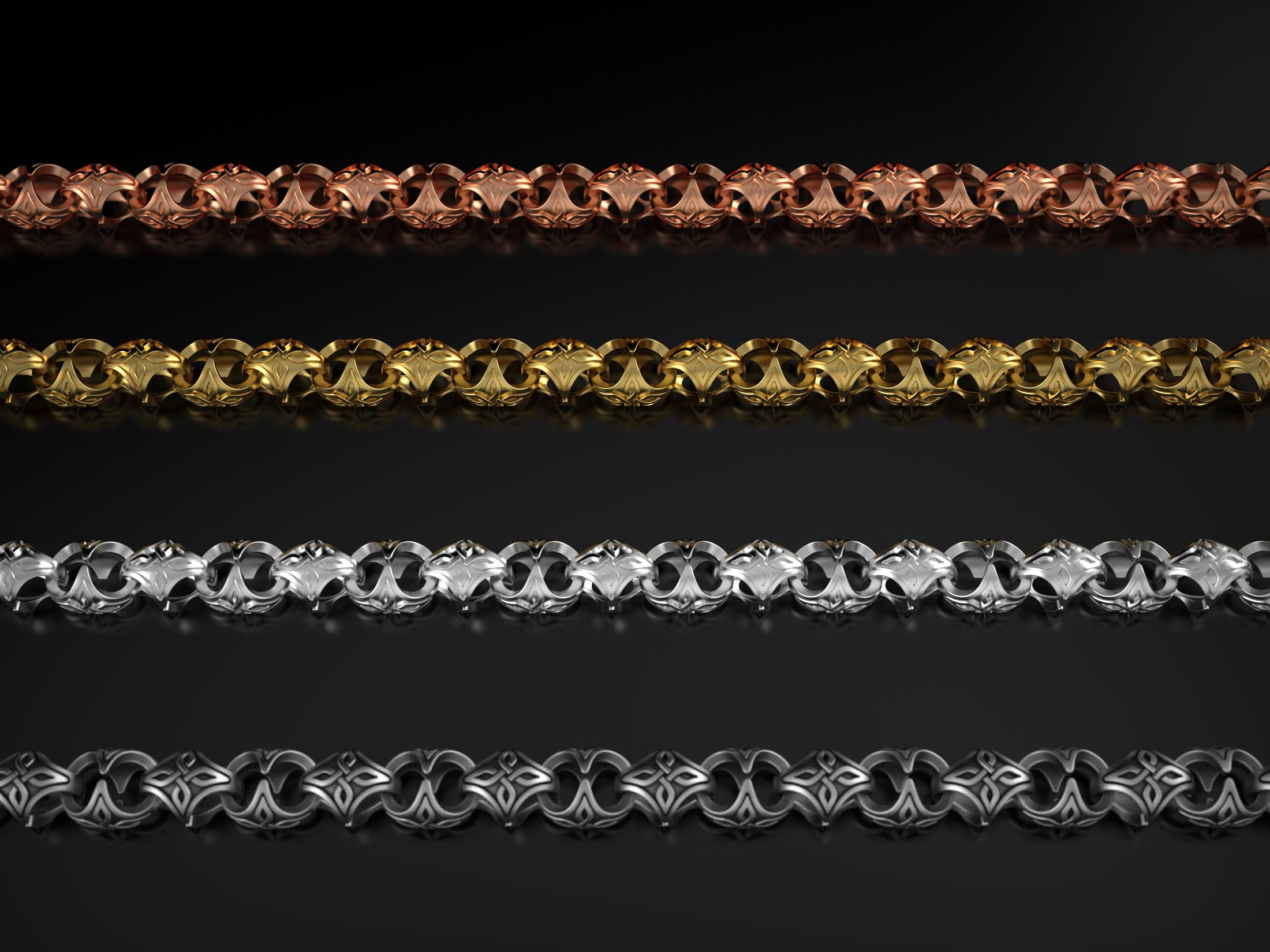 Close-up detail of Celtic knot engraved silver link chain
