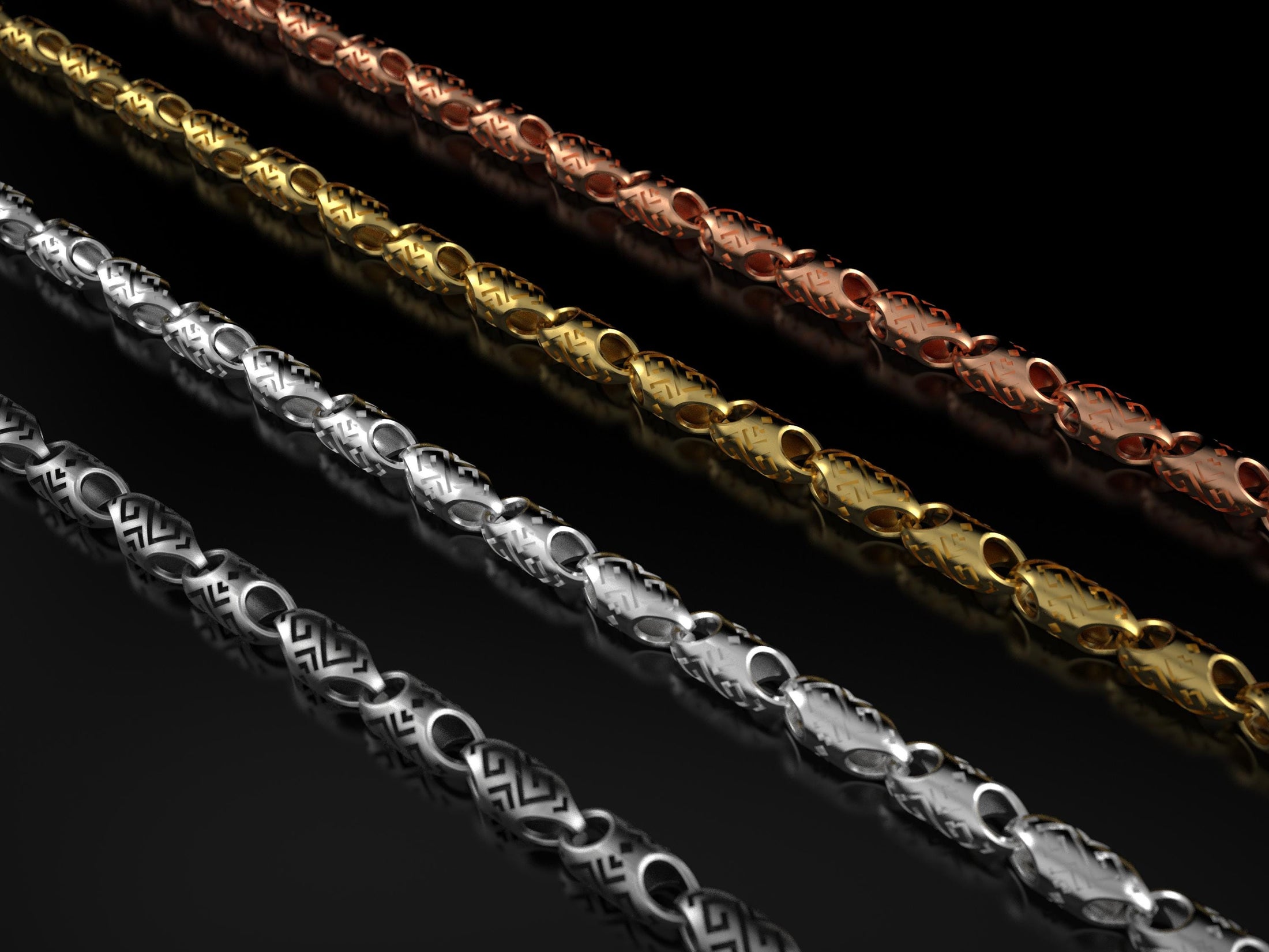 Four finish comparison – oxidized, polished, gold, rose gold