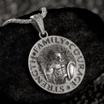 Load image into Gallery viewer, Oxidized finish Spartan warrior necklace on black chain
