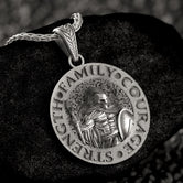 Oxidized finish Spartan warrior necklace on black chain