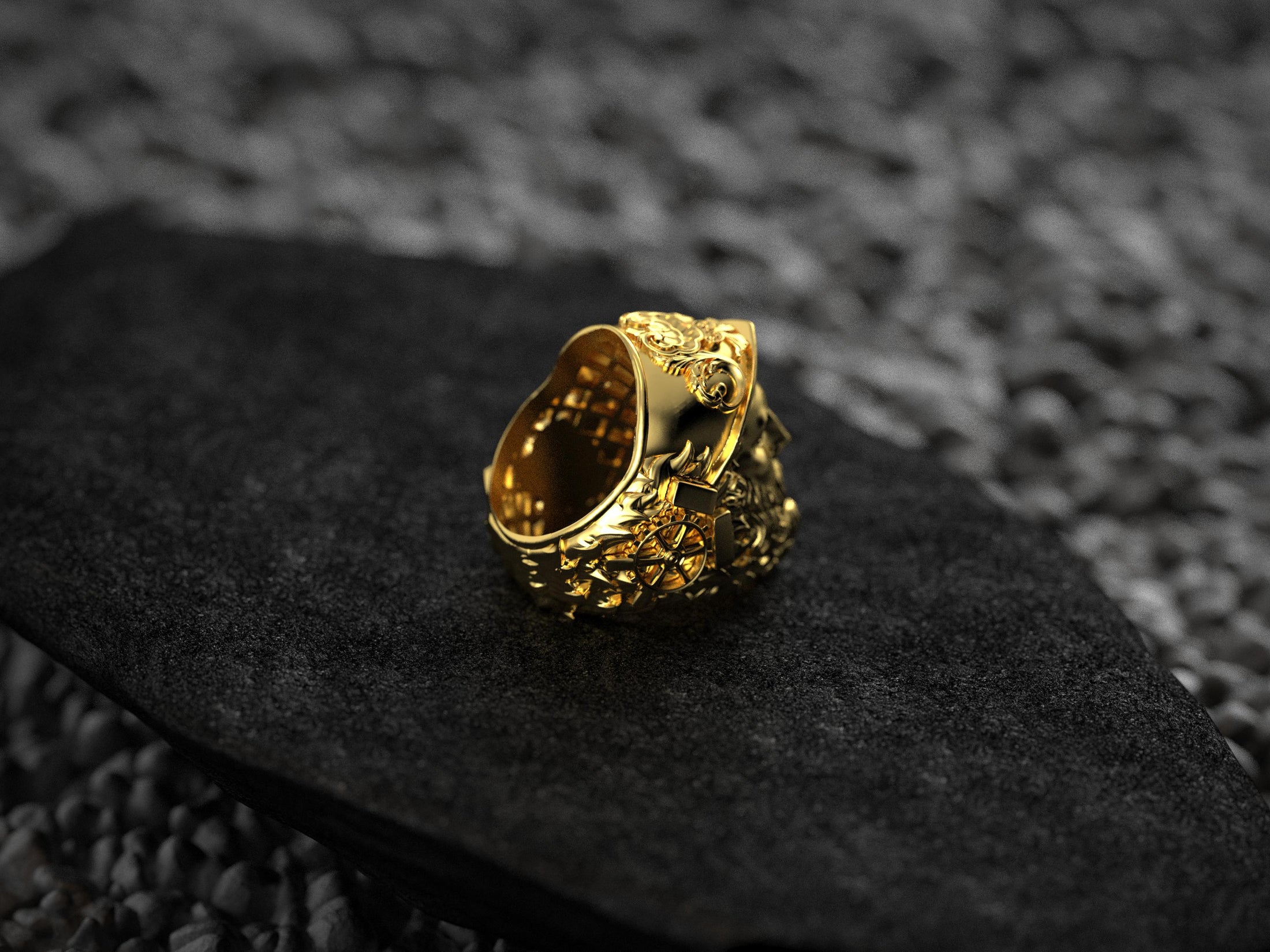 Display of three deity head rings with detailed facial textures,