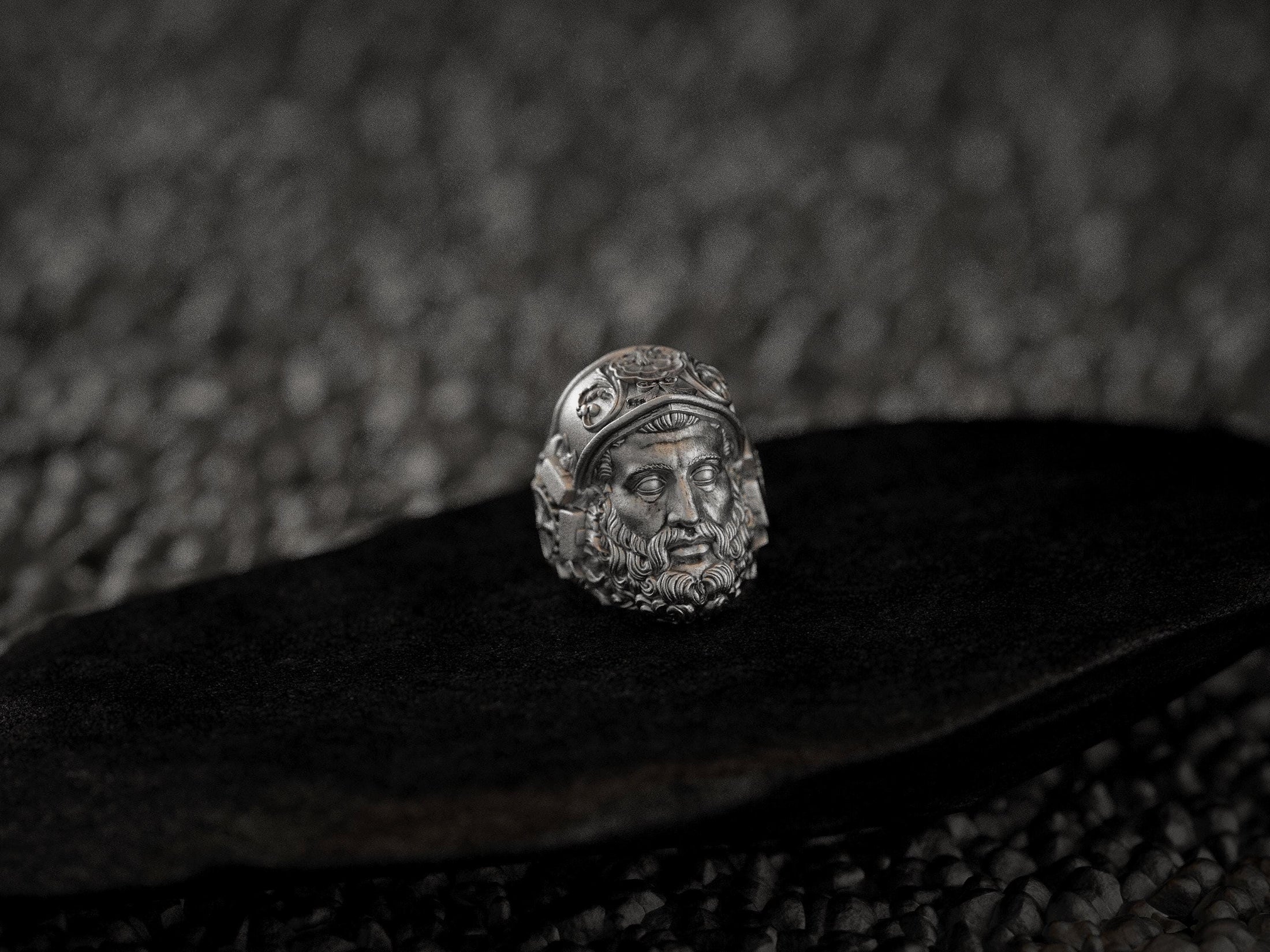 Mythological Greek god signet ring with battle helmet detail,