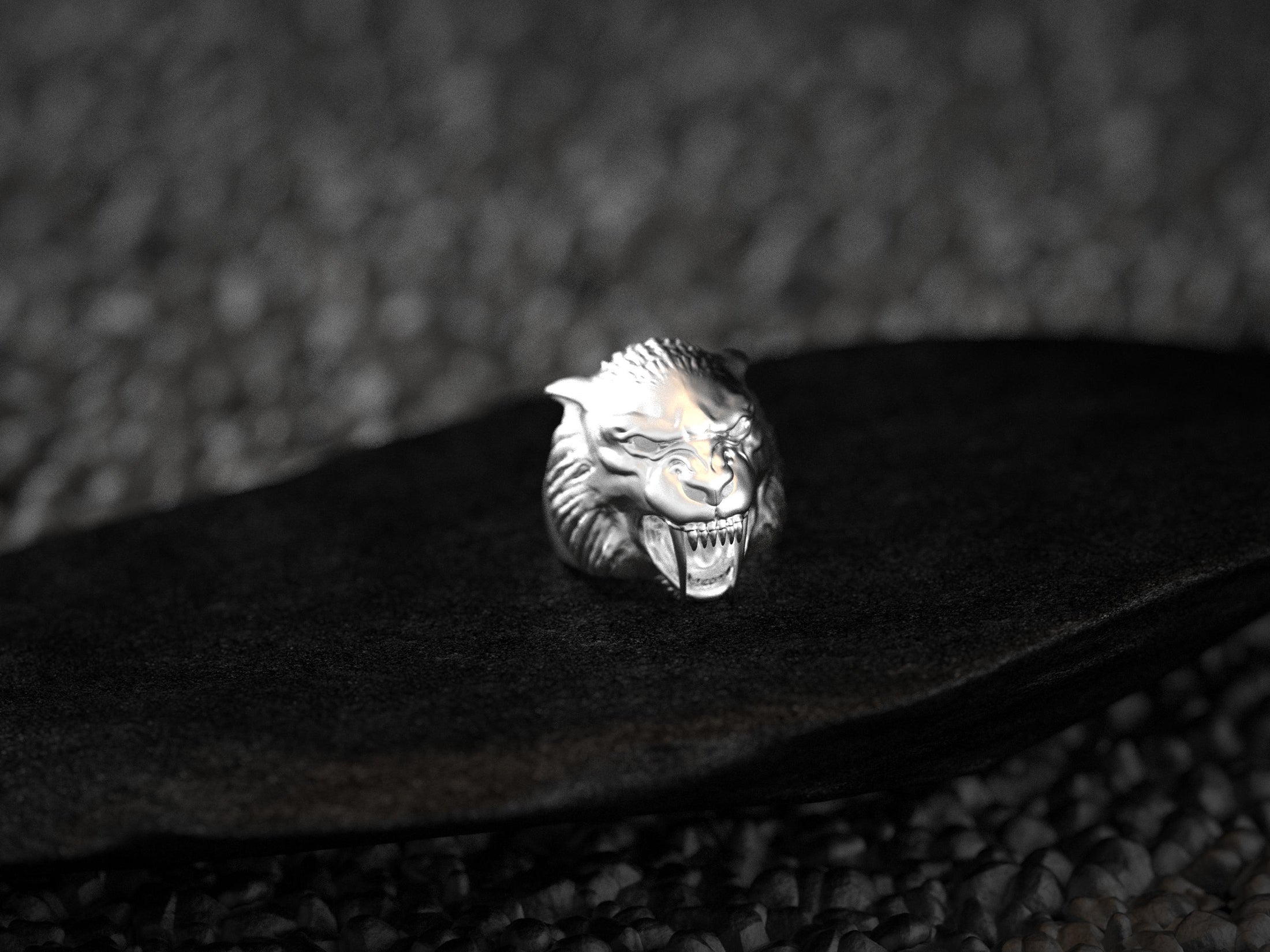 Front view of polished silver plating on werewolf signet ring.