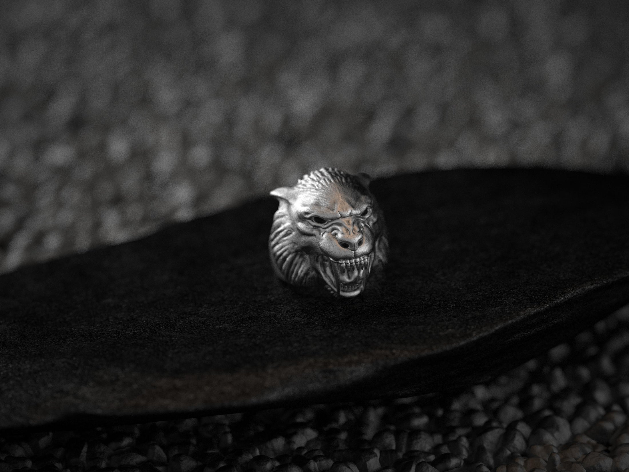 Angled view of silver werewolf ring on dark stone background.