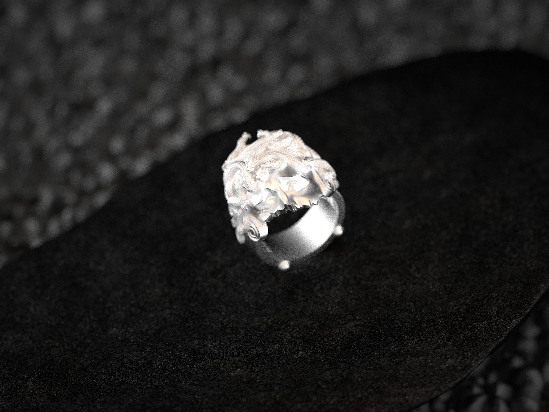 Rear interior view of silver Medusa signet band.