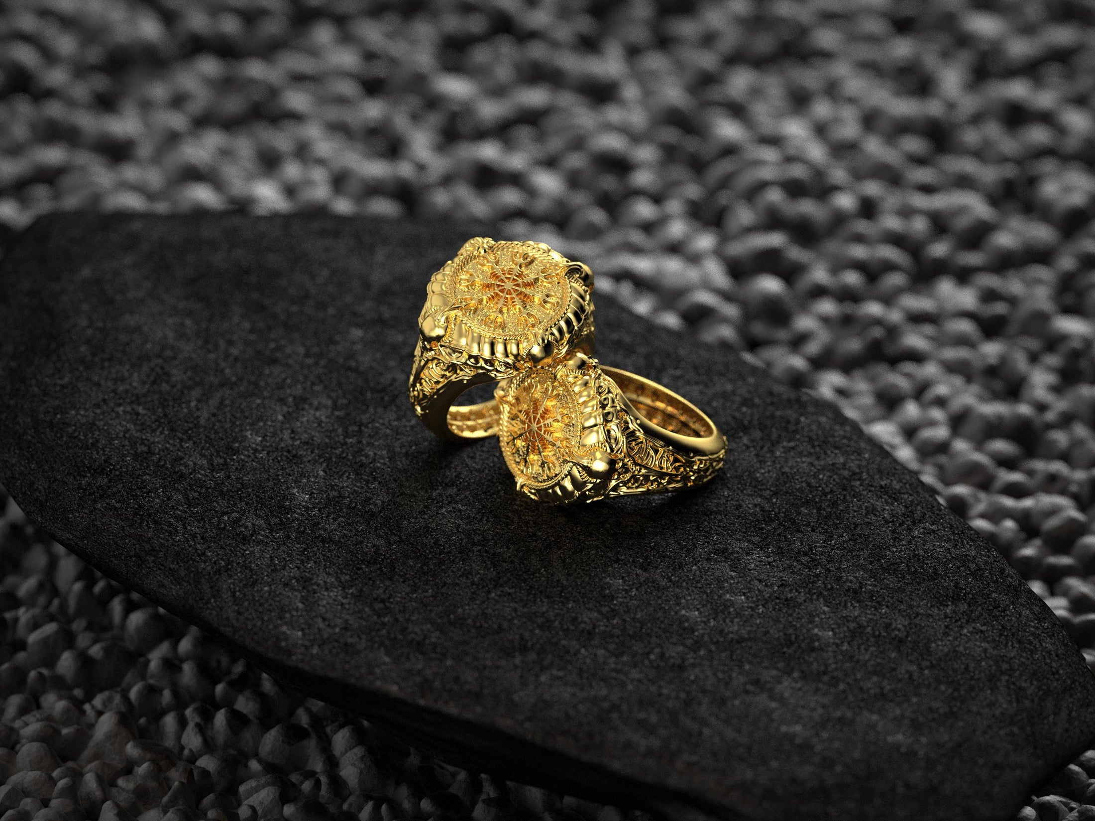 Interior view of gold-plated Vegvísir ring band.