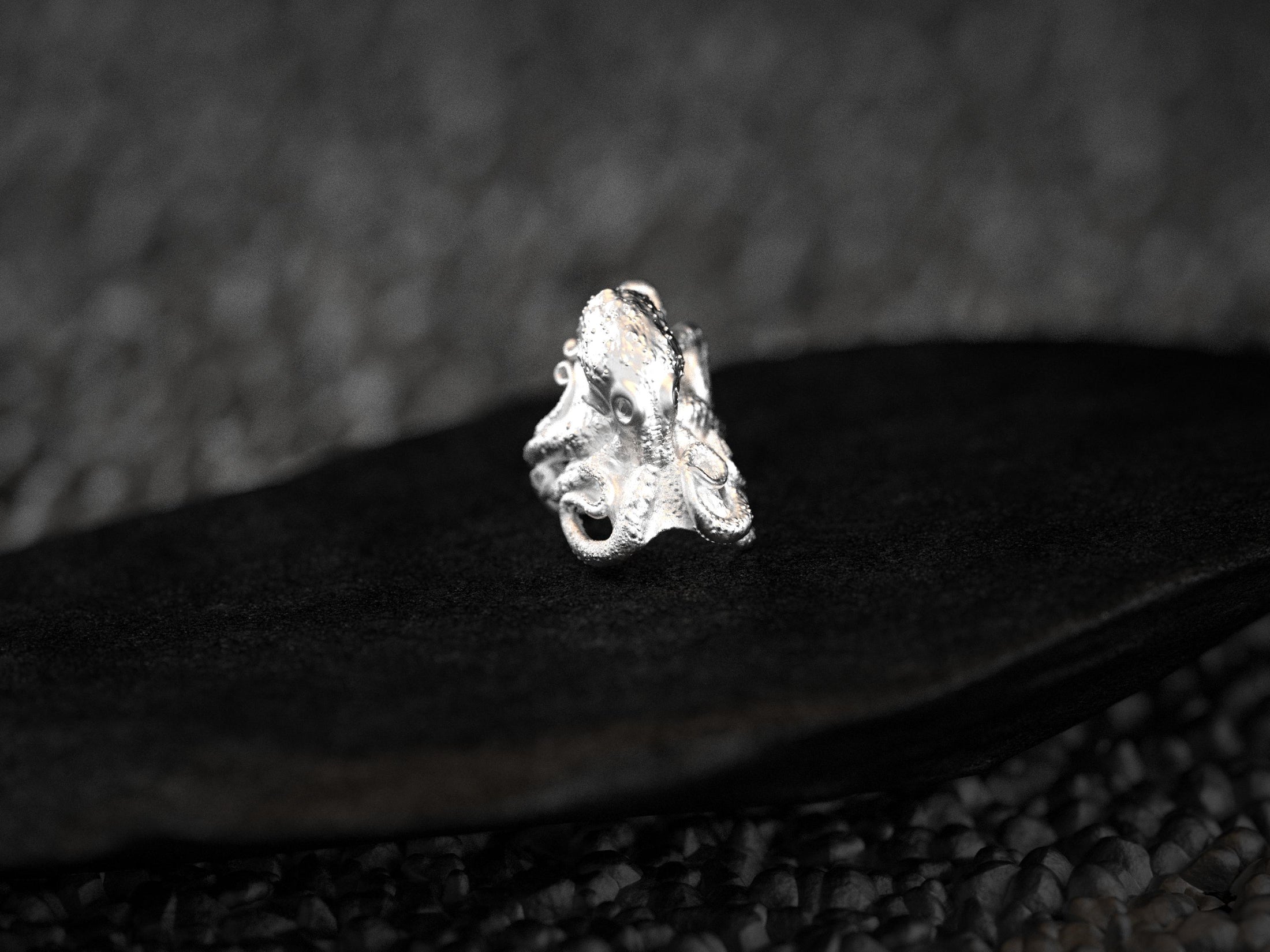 Side view of silver ring band featuring octopus tentacle wraps.
