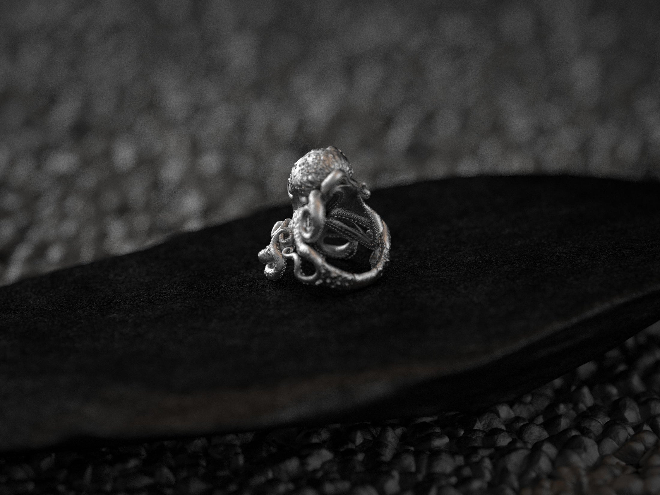 Interior engraving view of sterling silver octopus ring band.