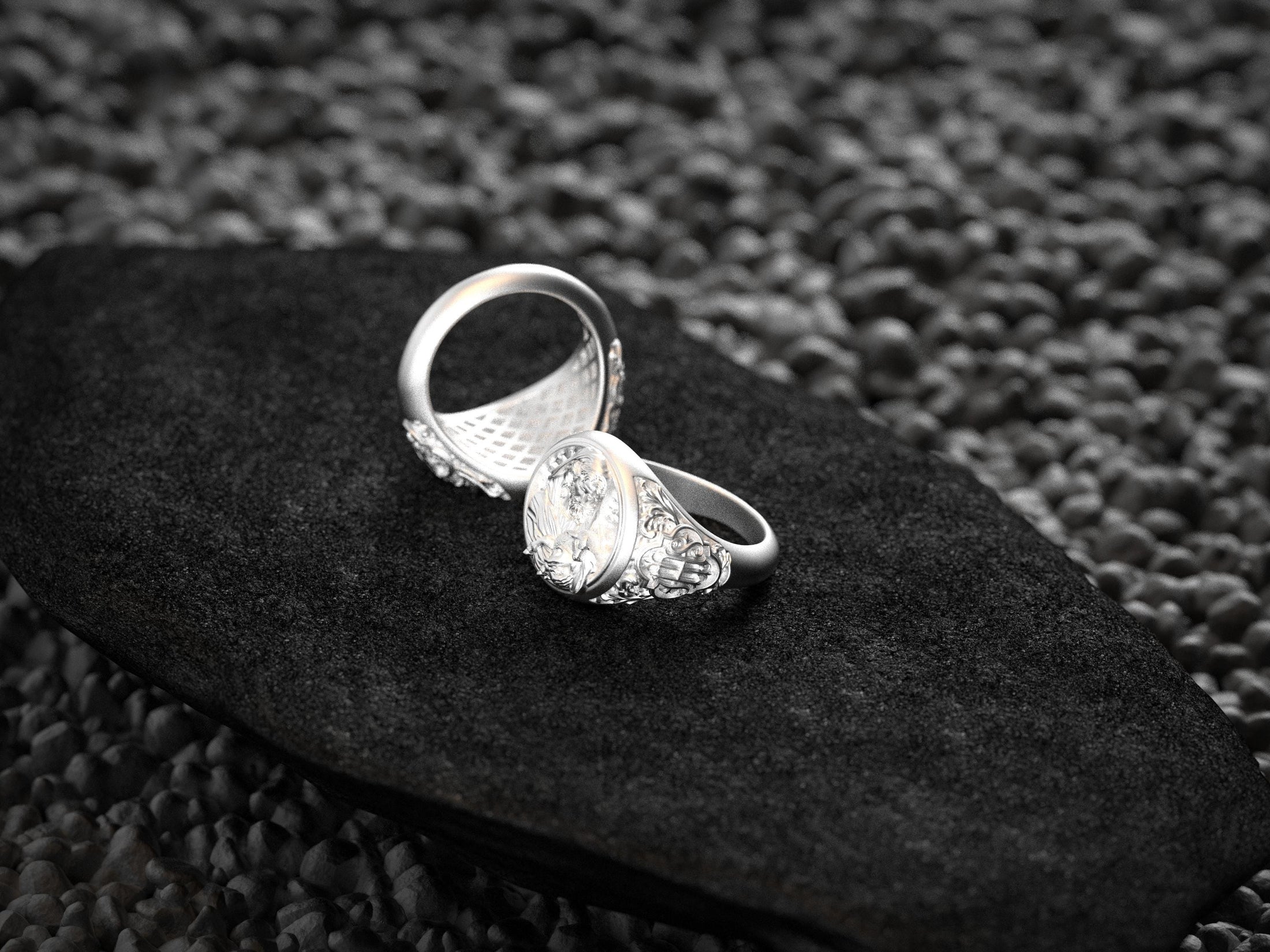 Interior band shot of the sterling silver ring revealing its comfort-fit grid pattern and hallmarks.