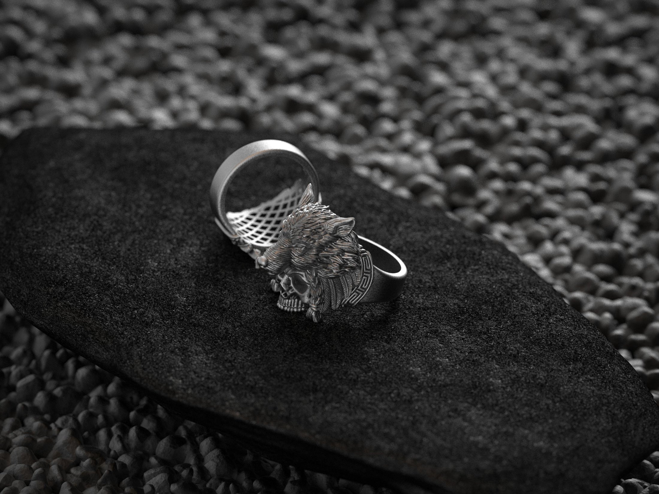 Silver Wolf Headdress Skull Ring shown on black velvet background