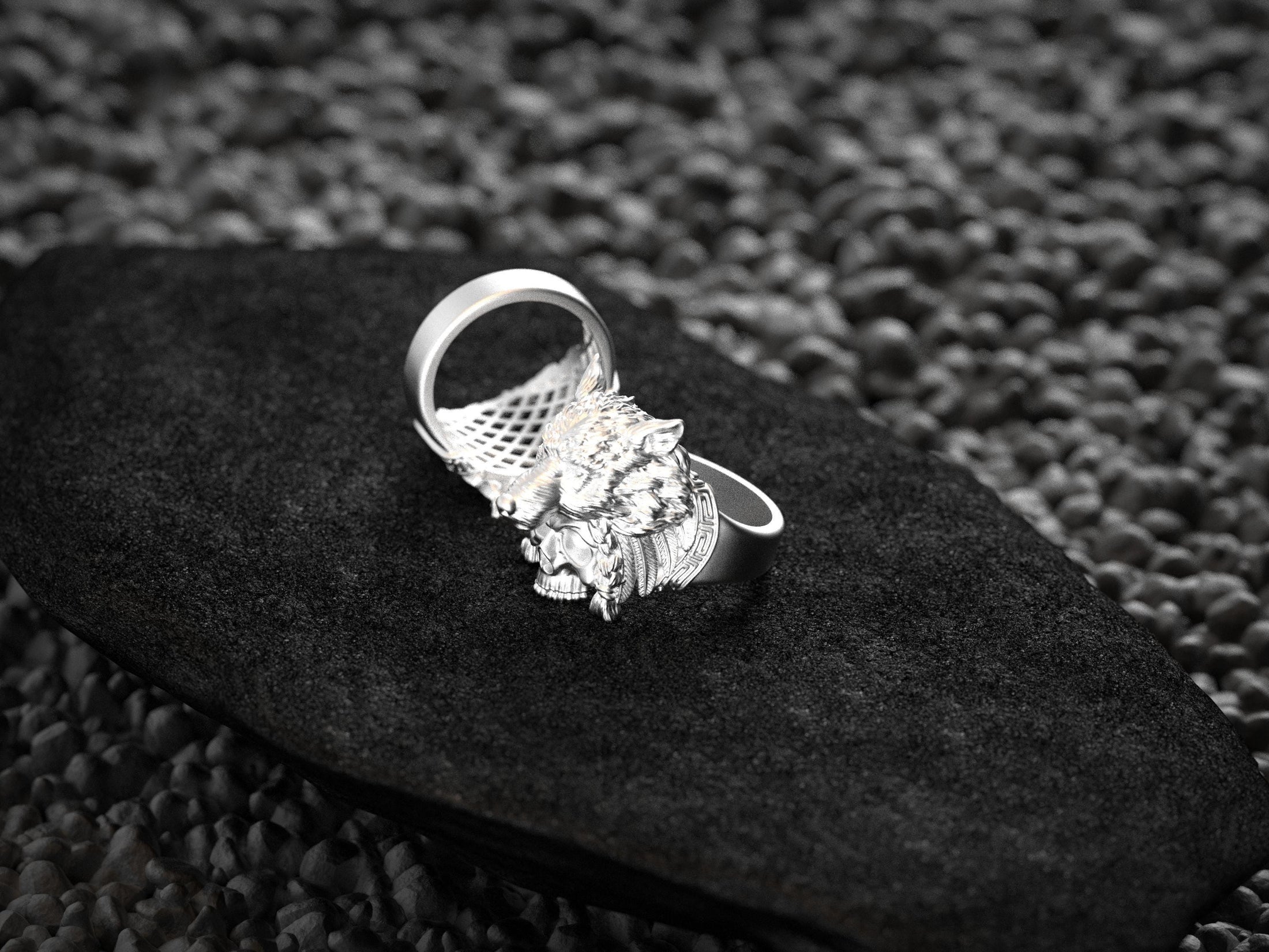 Wolf Headdress Skull Ring – Sterling Silver Tribal Warrior Ring for Gothic Mythology Jewelry Lovers