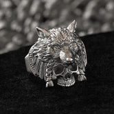 Wolf Headdress Skull Ring – Sterling Silver Tribal Warrior Ring for Gothic Mythology Jewelry Lovers