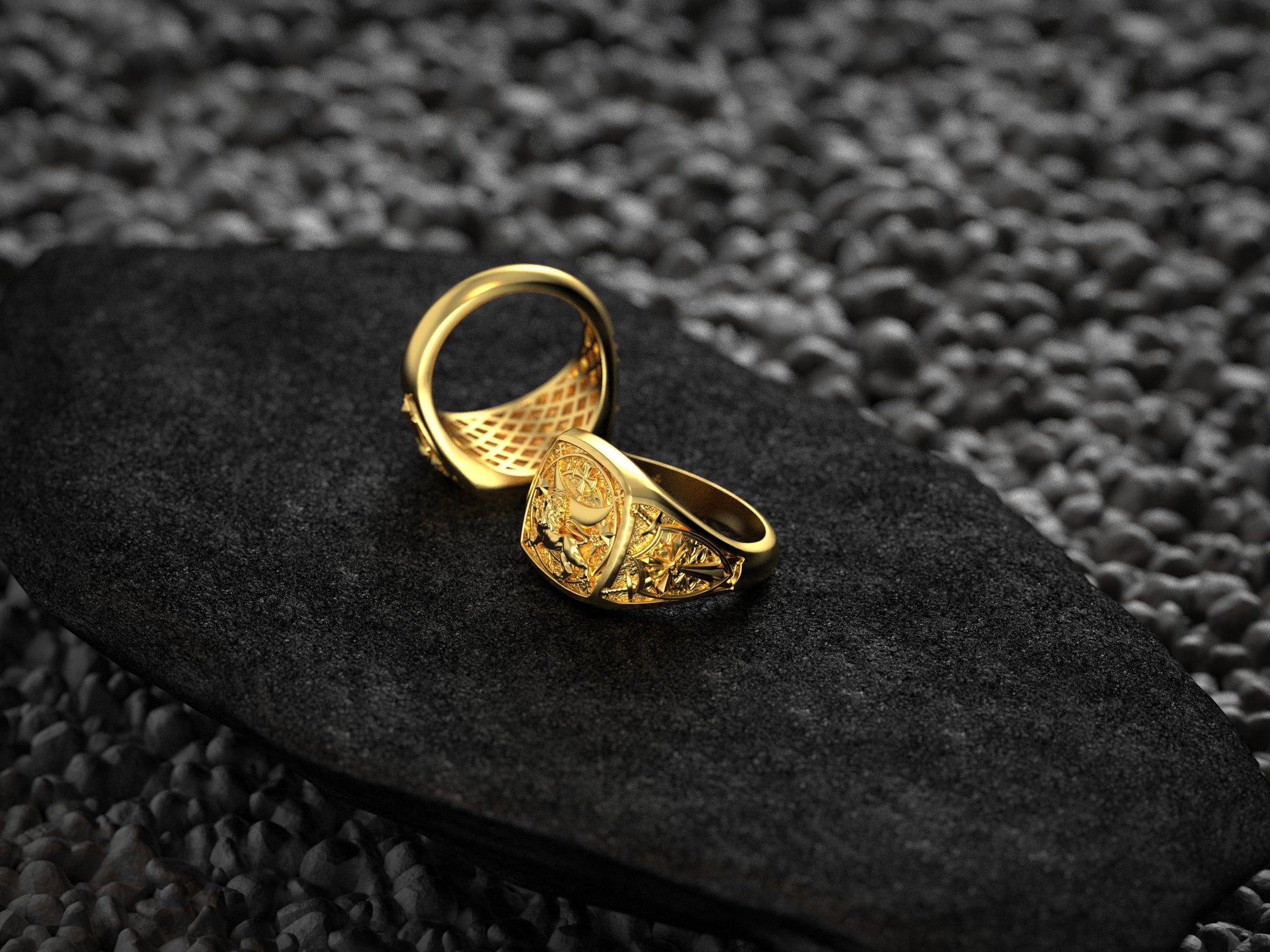 Templar Lion Signet Ring – Sterling Silver Crusader Seal Ring with Cross, Crescent & Star Symbolism for Knightly Heritage