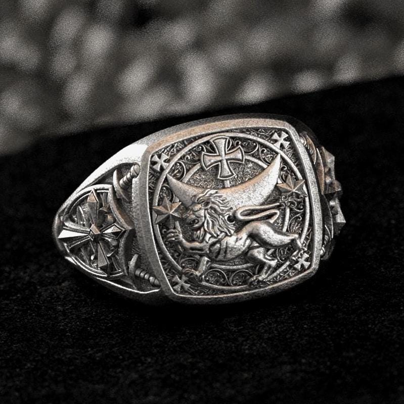 Oxidized Finish Templar Lion Signet Ring on black velvet background