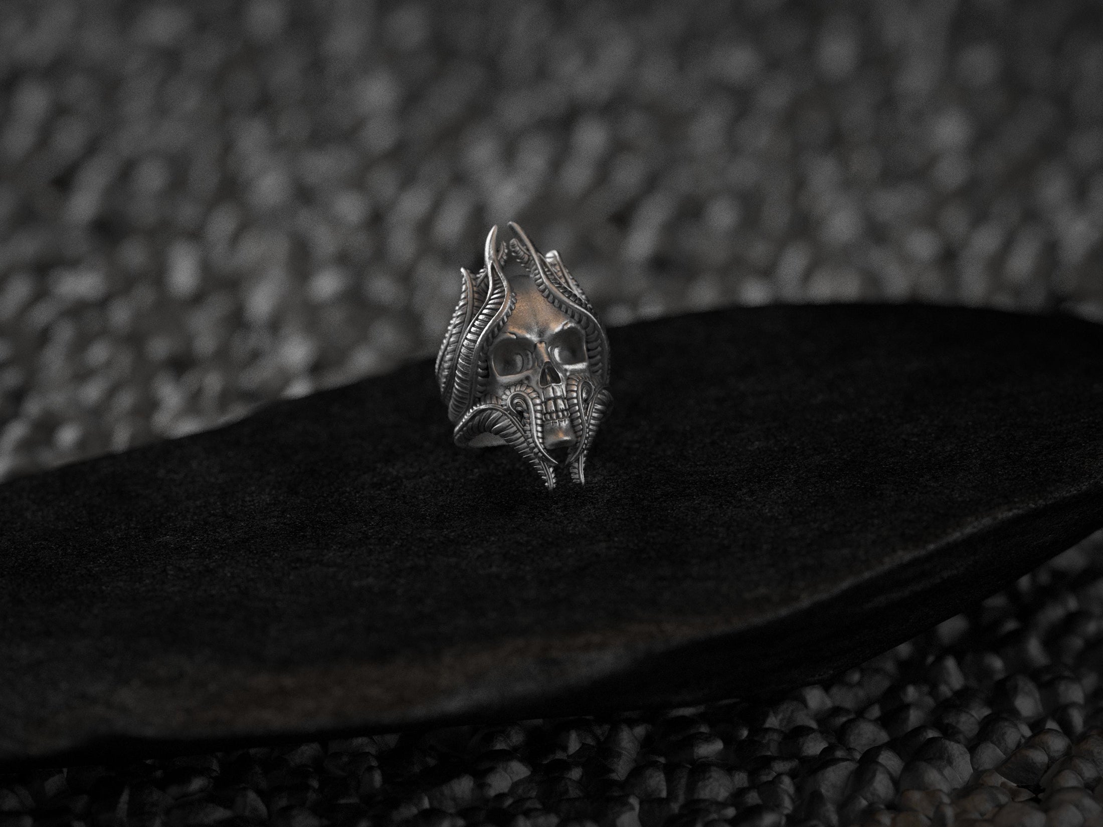 Lich Skull Wizard Ring – Gothic Fantasy DnD Jewelry for Dark Mage, Undead Sorcerer Ring in Sterling Silver