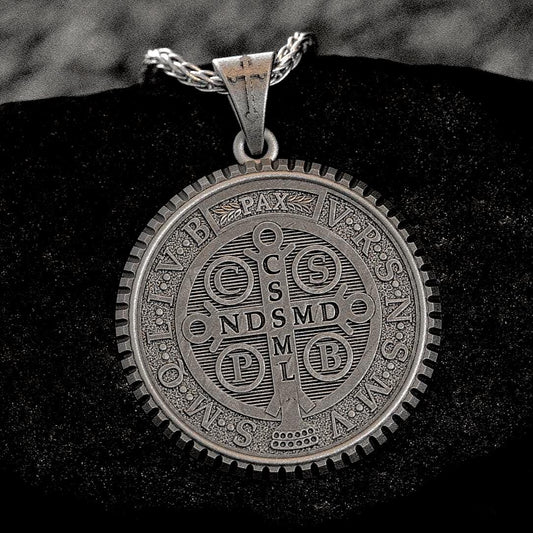 925 sterling silver St. Benedict medal, with detailed inscriptions.