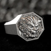 Foo Dog Signet Ring Silver, Chinese Guardian Lion Ring for Men, Feng Shui Protection Statement Jewelry
