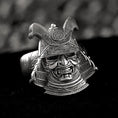 Load image into Gallery viewer, Front view of detailed samurai helmet ring with kabuto armor design.
